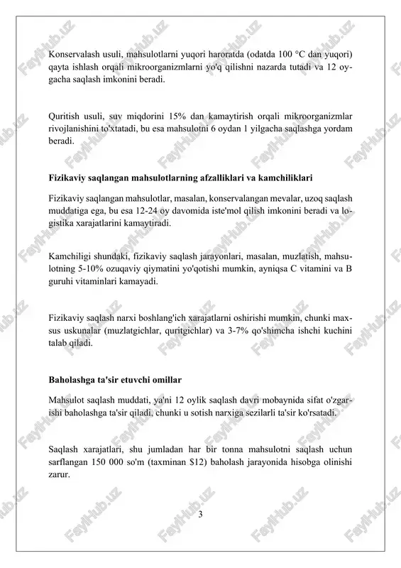. xarajatlarni baholash usuli xarajatlarni baholash usuli mahsulotni ishlab chiqarish, saqlash va yetkazib berish boʻyicha barcha xarajatlarni 10% qoʻshimcha foyda bilan hisobga oladi. ushbu usulda, 2023-yilgi hosilning umumiy xarajatlari (oʻgʻit, suv, ish haqi) aniqlanadi va mahsulot sifatini hisobga olgan holda narx belgilanadi. xarajatlarni baholash usuli bozorda oʻxshash mahsulotlarning narxidan past boʻlsa, sotuvlar hajmi 15% ga oshishi mumkin, bu esa foydani ko'paytiradi. baholashdagi qiyinchiliklar mahsulot sifatining o'zgaruvchanligi, saqlash muddati va texnologiyasiga bog'liqligi sababli, qiymatni aniqlashda noaniqliklar 15-20% gacha yetishi mumkin. bozor narxlari dinamikasi va talabning mavsumiyligi, ayniqsa import-eksport operatsiyalari uchun qiymat baholashni murakkablashtiradi hamda risklarni oshiradi. saqlash xarajatlari (elektr energiyasi, sovutish) va yo'qotishlar (chirishi) kabi omillar qiymatga ta'sir etadi, ularni hisoblashda xatoliklar 5-10% gacha bo'lishi mumkin. saqlash xarajatlari va ularning ta'siri saqlash xarajatlari, masalan, har bir tonna uchun 150 000 so'm, hosil qiymatini kamaytiradi, chunki bu xarajatlar oxirgi sotuv narxidan chiqariladi. optimal saqlash, masalan, haroratni 5°c da ushlab turish, 10% gacha …