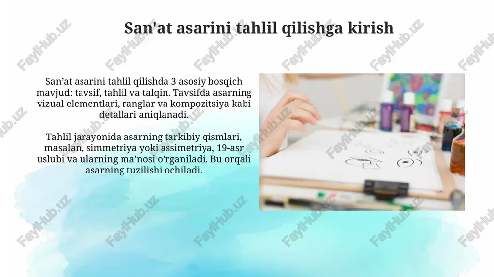 larining sezgirlik darajasidagi farqlar bilan bog'liq, masalan, ko'rish o'tkirligi 20/20 yoki undan past bo'lishi vizual idrokka ta'sir qiladi. shaxsning o'tmishdagi tajribasi idrokni shakllantiradi; 7±2 qismlik qisqa muddatli xotira hajmi, shuningdek, avvalgi bilimlarga asoslangan sxemalar idrokni o'zgartiradi. madaniy va ijtimoiy omillar madaniy omillar san'at asarining mavzusi va uslubini shakllantirishi mumkin, masalan, 15-asr uyg'onish davri san'ati diniy tasvirlarga urg'u bergan. ijtimoiy omillar san'at asarining qanday qabul qilinishiga ta'sir qiladi; masalan, 1960-yillardagi fuqarolik huquqlari harakati san'atda siyosiy ongning oshishiga olib keldi. san'at tarixiy davrining ta'siri san'at tarixiy davri ta'siri, masalan, uyg'onish davri, 14-16 asrlarda insonparvarlik g'oyalari bilan san'atga realizm va individualizmni kiritdi. barokko davri (17-18 asrlar) san'atida, siyosiy notinchlik va diniy o'zgarishlar ta'siri ostida, dramatiklik, haddan tashqari bezaklar va hissiyot ko'tarilishi kuzatiladi. muallifning niyatlari va talqinlar muallifning niyatlari 1-darajali talqinni shakllantiradi, biroq 2-darajali talqin estetik tajribaning boyligi va tarixiy kontekstni anglash orqali yaratiladi. ijodkorning 3 xil niyatini aniqlashda, san'at asarining 5 ta elementini …