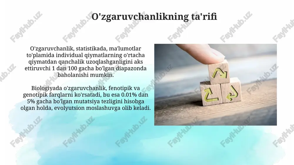 gan vazifalarni bajarishni ta'minlaydi, bu o'zgaruvchanlikni kamaytiradi. ishlab chiqarishda spc (statistik jarayonni boshqarish) diagrammalaridan foydalanish jarayonning doimiy monitoringini ta'minlaydi va 3 sigma doirasidagi o'zgarishlarni tezda aniqlashga yordam beradi. sifat nazoratida o'zgaruvchanlik sifat nazoratida o'zgaruvchanlik 6 sigmaning tarqalish doirasida bo'lishi kerak, bu o'zgarishni kamaytirish va mahsulot sifatini optimallashtirish uchun muhimdir. o'zgaruvchanlikni kamaytirish uchun spc (statistik jarayon nazorati) usullari qo'llaniladi, bu o'z navbatida jarayon barqarorligini oshiradi va sifatni yaxshilashga yordam beradi. moliyaviy o'zgaruvchanlik moliyaviy o'zgaruvchanlik aktivlar qiymatidagi o'zgarishlar, masalan, aksiyalar narxining 15% ga o'zgarishi kabi tebranishlarni o'z ichiga oladi, bu investitsiya xatarlarini ko'rsatadi. bu tushuncha, foiz stavkalari 2% dan 5% gacha o'zgarishi yoki valyuta kurslarining 10% ga tebranishi kabi bozor sharoitlarining dinamikasini tahlil qilishda muhim ahamiyatga ega. biznesdagi o'zgaruvchanlik biznesdagi o'zgaruvchanlik, bozor talabining 15% ga o'zgarishi kabi, strategik moslashuvni talab etadi, aks holda daromad kamayishi 20% gacha bo'lishi mumkin. ishlab chiqarishdagi o'zgaruvchanlik, masalan, xomashyo narxining 10 foizga o'zgarishi, xarajatlarni boshqarish va 5 …