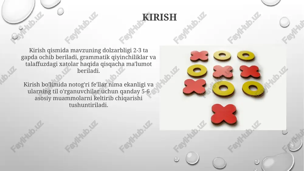 masalan, 'go', 'went', 'gone') gap tuzish orqali amaliyotda qo'llang; 5 ta oddiy gap yodlashni mustahkamlaydi. xotirani mustahkamlash usullari xotirani mustahkamlash uchun "spaced repetition" usulidan foydalaning; ma'lumotni 1, 3, 7, 15 kundan keyin takrorlash uni uzoq muddatli xotiraga o'tkazishga yordam beradi. "chunking" usuli xotirani yaxshilaydi: katta hajmdagi ma'lumotni 5-7 birlikdan iborat kichikroq qismlarga bo'lish, uni eslab qolishni osonlashtiradi va samaradorlikni oshiradi. mashqlar va testlar mashqlar va testlar fe'llarni takrorlash uchun 10-15 ta turli usulni o'z ichiga olishi kerak, masalan, to'ldirish, moslashtirish, tarjima qilish va ko'p tanlov. testlar odatda kamida 20 ta savoldan iborat bo'lib, ularda hozirgi, o'tgan va kelasi zamon kabi barcha asosiy zamonlar bilan tartibsiz fe'llarni ishlatishni talab etadi. noto'g'ri fe'llar bilan gaplar tuzish noto'g'ri fe'llar bilan gaplar tuzishda zamonlar muhim: o'tgan zamon shakli (masalan, "went" - "bordi") ko'pincha "-ed" qo'shimchasini olmaydi, bu esa 100 dan ortiq fe'llarni yodlashni talab qiladi. o'zbek tilida noto'g'ri fe'llarni ishlatishda ko'plik va birlik shaxslar …
