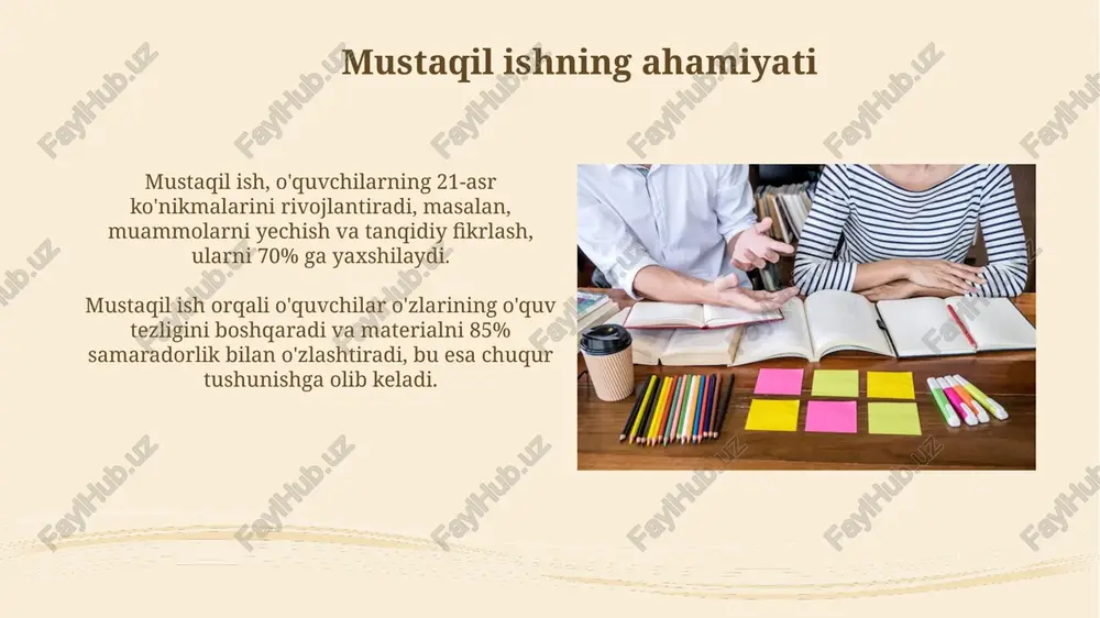 yicha fikrlarini almashadilar va savollarga javob beradilar. klasterlar yaratish - matnning 5 asosiy mavzusini aniqlash va ularni bog'lash, o'quvchilarning tahliliy fikrlash qobiliyatlarini rivojlantiradi. muammoli vaziyatlar va ularni hal etish yo'llari muammoli vaziyatlar bahslarga sabab bo'lishi mumkin, bunda tomonlar bir-birining fikrini tushunmasligi, 2 xil qarashlar to'qnash kelishi kuzatiladi. pedagogik muammolarni hal etishda '5 nima uchun?' texnikasi qo'llaniladi, sabablarni aniqlash va asosiy ildiz muammoni topishga yordam beradi. texnologiyalardan foydalanish 1. raqamli platformalar (masalan, google classroom) o'quvchilarga moslashtirilgan topshiriqlarni berishni osonlashtiradi, ularning o'zlashtirish darajasiga qarab, 2-bosqichli mashqlarni ta'minlaydi. 2. onlayn lug'atlar va matn tahlilchilari (linguee, grammarly) mustaqil o'qish jarayonida so'z boyligini oshirishga va matnni 3 martagacha chuqurroq tushunishga yordam beradi. ota-onalar bilan hamkorlik ota-onalar bilan hamkorlik, dars samaradorligini 25-30% ga oshirishi mumkin, ayniqsa mustaqil ishlash qobiliyatini rivojlantirishda, uy sharoitida amaliy ko'nikmalarni mustahkamlash orqali. maktab va ota-onalar o'rtasida 1-3 oylik muddatda 'ota-onalar kuni' kabi tadbirlar tashkil etish, o'quv jarayoni haqida ma'lumot almashish va muammolarni …