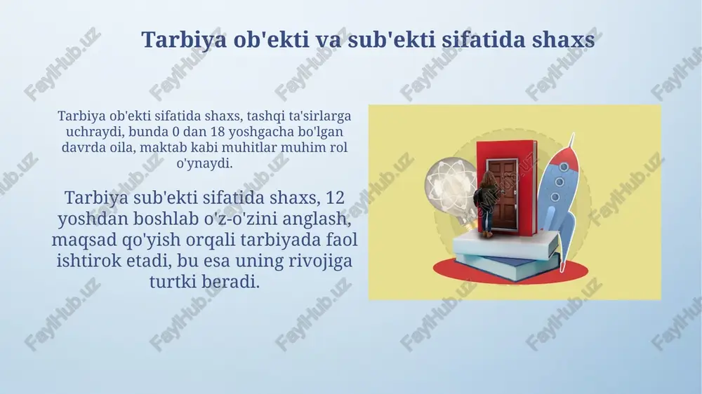 shadi. ta'lim muassasalarida tarbiya ta'lim muassasalarida tarbiya 2021-yil 17-maydagi pq-5116-sonli prezident qarori asosida milliy qadriyatlarni singdirishga qaratilgan kompleks chora-tadbirlarni o'z ichiga oladi. o'quv jarayonida tarbiyaning ustuvorligi o'quvchilarning axloqiy sifatlarini rivojlantirish, 14 yoshdan boshlab mustaqil hayotga tayyorlash bo'yicha darslar orqali amalga oshiriladi. o'zini-o'zi tarbiyalashning ahamiyati o'zini-o'zi tarbiyalash orqali shaxs 25% ko'proq o'z ustida ishlaydi, bu esa 3-5 yil ichida professional o'sishga olib keladi hamda kompetensiyalarni rivojlantiradi. o'zini-o'zi tarbiyalashda 7 asosiy tamoyil mavjud: maqsad, rejalashtirish, intizom, monitoring, baholash, tuzatish va takomillashtirish, har biri muvaffaqiyatga yo'naltirilgan. e'tiboringiz uchun rahmat image4.png image6.jpg image7.jpg image8.jpg image9.jpg image10.jpg image11.jpg image12.jpg image13.jpg image14.jpg image15.jpg image16.jpg image17.jpg image3.jpeg