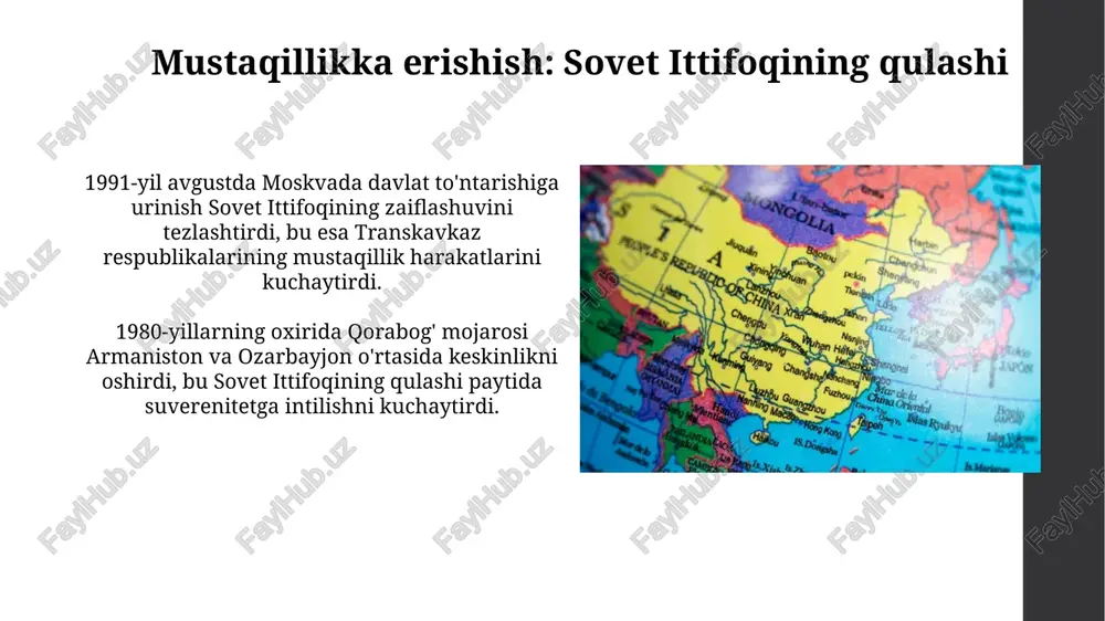 iyaga olib keldi, mulkning adolatsiz taqsimlanishi natijasida boylik 1 foizga jamlandi. neft va gaz daromadlari hisobdorlik mexanizmlari yo'qligi sababli korrupsiyani kuchaytirdi, davlat budjetidan milliardlab dollar yo'qolishiga sabab bo'ldi. demokratlashtirish jarayonlari va inson huquqlari 1990-yillarda siyosiy erkinliklar kengayishi kuzatildi, lekin 2000-yillarda avtoritar tendensiyalar kuchaydi. saylovlar ko'pincha xalqaro standartlarga javob bermadi, bu esa demokratik jarayonlarga putur yetkazdi. 2000-2017 yillarda so'z erkinligi, matbuot erkinligi va yig'ilishlar erkinligi cheklangan edi. hukumatlar ko'pincha tanqidchilarni ta'qib qildi va noroziliklarni bostirishga harakat qildi. fuqarolik jamiyati va nodavlat tashkilotlar 1991-2017 yillarda fuqarolik jamiyati shakllanishi nodavlat tashkilotlar (nnt) sonining o'sishiga olib keldi, bu esa ijtimoiy muammolarni hal qilishda muhim rol o'ynadi. nntlar faoliyati 2000-yillarda xalqaro donorlar tomonidan qo'llab-quvvatlandi, bu esa ularning loyihalarini amalga oshirish va institutsional salohiyatini oshirish imkonini berdi. geosiyosiy o'yinlar: rossiya, turkiya va g'arb ta'siri rossiyaning ta'siri, asosan, harbiy bazalar, energetika loyihalari (masalan, "janubiy oqim" gaz quvuri) va mdh doirasidagi siyosiy aloqalar orqali namoyon bo'ldi, 2008-yilgi gruziya …