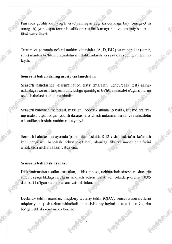 ishi mumkin. go'sht yuzasida qon yoki shikastlanish izlari bo'lmasligi kerak. muskul tolalari orasida yog'ning marmar tuzilishi (2-3 ball) uning mazali bo'lishidan dalolat beradi. parranda go'shtining tashqi ko'rinishi, ayniqsa, terining rangi va butunligi iste'molchilarning xarid qilish qaroriga ta'sir qiladi; terining sarg'ishligi 7-8 gradusda afzal. parranda go'shtining to'qimasini baholash parranda go'shtining to'qimasini baholashda shear force qiymati muhimdir, u go'shtni kesish uchun zarur bo'lgan kuchni o'lchaydi. yuqori qiymat qattiqlikni, past qiymat esa yumshoqlikni ko'rsatadi. go'sht to'qimasini baholashda warner-bratzler shear force (wbsf) testi keng qo'llaniladi. bu test go'shtning 1 sm qalinlikdagi namunalarini kesish uchun sarflangan energiyani aniqlaydi. parranda go'shtining to'qimali xususiyatlari, masalan, qattiqlik, elastiklik va chaynash qobiliyati, 7-9 ballik shkala bo'yicha sensorli panel a'zolari tomonidan baholanishi mumkin. parranda go'shtining hidini baholash parranda go'shtining hidini baholashda 2- va 3-karbonil birikmalarining mavjudligi muhim. ularning darajasi go'shtning sifati va saqlash muddatini ko'rsatadigan murakkab hidlarni aniqlaydi. gaz xromatografiyasi-mass spektrometriyasi (gc-ms) parranda go'shtidagi uchuvchi organik birikmalarni (voc) aniqlash uchun …