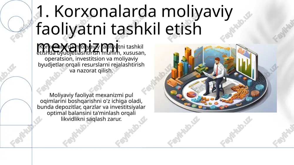 yorlash va taqdim etish moliyaviy hisobotlarni tayyorlashda xalqaro standartlar (mas) asosiy rol o'ynaydi, buxgalteriya hisobini yuritish va hisobot berishning yagona tamoyillarini belgilaydi. moliyaviy hisobotlar foydalanuvchilarga korxonaning moliyaviy holati, faoliyati natijalari va pul oqimlari haqida ishonchli ma'lumot berish maqsadida taqdim etiladi. 11.moliyaviy strategiyani ishlab chiqish moliyaviy strategiya, 3-5 yillik davrni qamrab olib, kapital qo'yilmalari, dividend siyosati va risklarni baholash kabi muhim yo'nalishlarni aniqlaydi. strategiya, 10% roi (investitsiya daromadliligi) maqsadini ko'zlab, moliyaviy resurslarni maqbul taqsimlashni, shu jumladan, qarz yukini 40% gacha kamaytirishni rejalashtiradi. 12.dividend siyosati dividend siyosati aksiyadorlar daromadini optimallashtirish va investitsiyalarni moliyalashtirish o'rtasida muvozanatni saqlaydi, bu esa 20-30% foydani taqsimlashni nazarda tutishi mumkin. korxonaning dividend siyosati uning moliyaviy ahvoli, o'sish istiqbollari va 10 yillik obligatsiyalar bo'yicha risk-free stavka kabi omillarga asoslanadi, dividend to'lash koeffitsientini belgilaydi. 13.qarz boshqaruvi qarz boshqaruvi korxonaning moliyaviy barqarorligini ta'minlash uchun qarz olish hajmini, foiz stavkalarini va muddatlarini optimallashtirish jarayonini o'z ichiga oladi. kichik biznesda qarz boshqaruvi kredit …