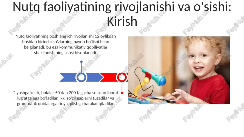zilgan bo'ladi. duduqlanish 2 yoshdan 5 yoshgacha bo'lgan bolalarda tez-tez uchraydi. oldini olish uchun tinch muhit, sabr-toqat va nutq terapevti bilan maslahatlashish muhim. ota-onalarning va tarbiyachilarning roli ota-onalar farzandlarining birinchi o'qituvchilari bo'lib, 0-3 yoshda kundalik muloqot orqali nutqni rivojlantirishi, so'z boyligini oshirishi va to'g'ri talaffuzga e'tibor qaratishi kerak. tarbiyachilarning vazifasi 3-6 yoshda bolalarga nutq o'yinlari, ertaklar va rolli o'yinlar orqali nutqni rivojlantiruvchi muhit yaratish, grammatik qoidalarni o'rgatish va ijodiy fikrlashni rag'batlantirishdir. xulosa va tavsiyalar bolalarning nutq faolligini o'stirishda, ota-onalar har kuni kamida 20 daqiqa davomida kitob o'qib berishlari, erta nutq terapiyasini erta boshlash 3 yoshgacha tavsiya etiladi. o'qituvchilar har bir bola uchun individual o'sish rejasini tuzishlari zarur, nutq rivojlanishida 12 oylikdan 36 oylikkacha bo'lgan muhim bosqichlarni inobatga olgan holda, o'yin orqali o'rgatish muhim. e'tiboringiz uchun rahmat image5.jpg image6.jpg image7.jpg image8.jpg image9.jpg image10.jpg image11.jpg image12.jpg image13.jpg image14.jpg image15.jpg image16.jpg image1.jpeg image2.jpeg