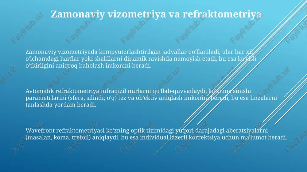 rqli o'laroq, invaziv bo'lmagan va ionlashtiruvchi bo'lmagan usul hisoblanadi, ya'ni bemor uchun xavfsizdir. ko'zning elektro-fiziologik tekshiruvlari elektroretinografiya (erg) ko'rish o'tkirligini baholash uchun ishlatiladi, bunda to'r pardaning fotoretseptor hujayralari faolligi yorug'likka javoban o'lchanadi. a va b to'lqinlari diagnostik ma'lumot beradi. visual qozgalgan potensiallar (vep) miyaning ko'rish qobig'ining faolligini baholaydi. bu usul ko'rish yo'llarida 100-200 millisekund ichida hosil bo'ladigan elektr signallarni o'lchaydi. elektrookulografiya (eog) to'r parda pigment epiteliysi va fotoretseptorlar orasidagi potentsial farqni o'lchaydi. bu ko'zning harakatini baholash uchun ishlatiladi va klinik ahamiyati katta. e'tiboringiz uchun rahmat image1.png