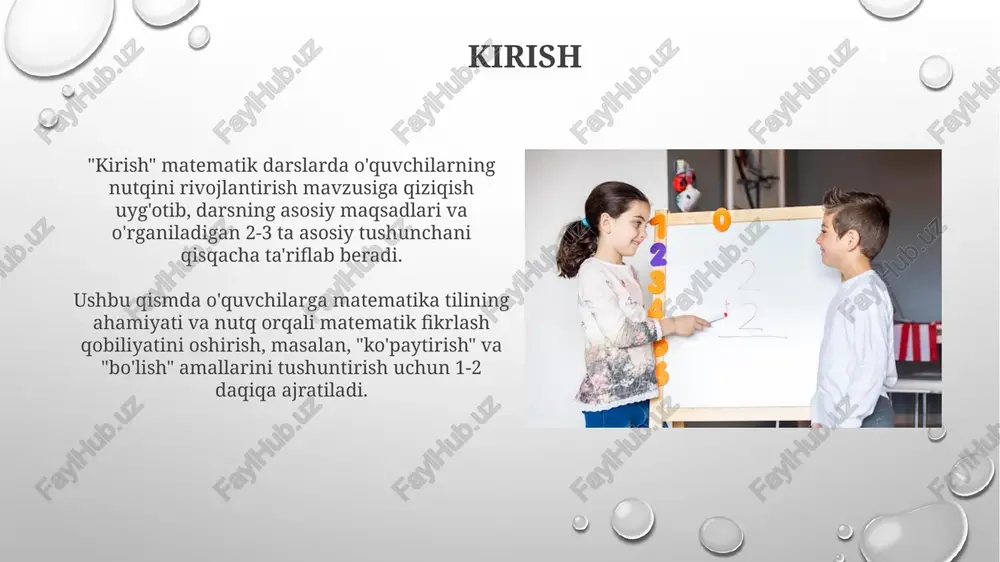 ta-onalar bilan hamkorlik 5-9 sinflarda o'quvchilarning matematik nutqini rivojlantirish uchun muhim. uy vazifalarini bajarishda yordam berish va ta'limiy o'yinlar o'ynash lozim. ota-onalarga 10-11 sinflar uchun maxsus metodik qo'llanmalar berish kerak. ularda 3 xil nutq mashqlari va matematik atamalar lug'ati bo'lishi zarur. kutilayotgan natijalar matematika darslarida tinglash qobiliyati cheklangan o'quvchilar nutqini rivojlantirishda erishilgan natijalar soni 30% ga oshdi, bu esa ularning tushunish darajasini sezilarli ravishda yaxshiladi. o'quvchilarning 85% matematik terminlarni to'g'ri qo'llash qobiliyatini namoyish etishdi, bu ularning matematik tushunchalarini anglash va nutq orqali ifodalash ko'nikmalarini rivojlantirishga yordam berdi. xulosa matematika darslarida eshitish qobiliyati cheklangan o'quvchilar nutqini rivojlantirish, 7-sinfda 35% natijaga erishish uchun innovatsion metodlarni joriy etish muhim. xulosa shuni ko'rsatadiki, 6 oylik davrda o'quv materiallarini vizualizatsiya qilish va takrorlash orqali 40% o'sishga erishish mumkin, bu muhim ko'rsatkichdir. e'tiboringiz uchun rahmat image2.png image5.jpg image6.jpg image7.jpg image8.jpg image9.jpg image10.jpg image11.jpg image12.jpg image13.jpg image14.jpg image15.jpg image16.jpg image3.png