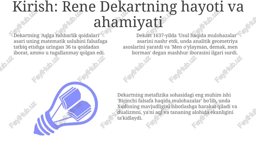 ning shubha usuli orqali erishgan 1-shaxsiy ekzistensial haqiqatdir. dekartning o'zaro ta'sir muammosi uning dualizmiga xos bo'lib, moddiy bo'lmagan ong qanday qilib moddiy jism bilan o'zaro ta'sirlasha olishini tushuntirish qiyinligini ko'rsatadi; bu yerda epifiz rol o'ynaydi. axloq va ehtiroslar haqidagi qarashlari uning fikricha, ehtiroslar aslida tananing ruhiy holatiga ta'siri, ya'ni 6 ta asosiy ehtirosga asoslangan: hayrat, sevgi, nafrat, istak, xursandchilik va qayg'u. dekart axloqni aql va ehtiroslar o'rtasidagi murakkab o'zaro ta'sir sifatida ko'rgan, aql ehtiroslarni boshqarishi lozim edi. 3 asosiy ehtiros mavjudligini ta'kidlagan. dekart aqlning vazifasi ehtiroslarning haddan tashqari kuchayishiga yo'l qo'ymaslik, balki ularni to'g'ri yo'naltirish va axloqiy xulq-atvorni shakllantirishda muhim rol o'ynashidir deb hisoblagan. meros va ta'siri dekartning koordinatalar tizimi geometriyani algebra bilan bog'lab, matematik tahlilga yo'l ochdi, bu esa fan va muhandislikda fundamental o'zgarishlarga olib keldi. dekartning "men fikrlayman, demak mavjudman" degan mashhur iborasi shubhalanishga asoslangan falsafiy metodni namoyon etadi va shaxsiy mavjudlikni asoslaydi. uning "ehtiroslar ruhi" asari inson …