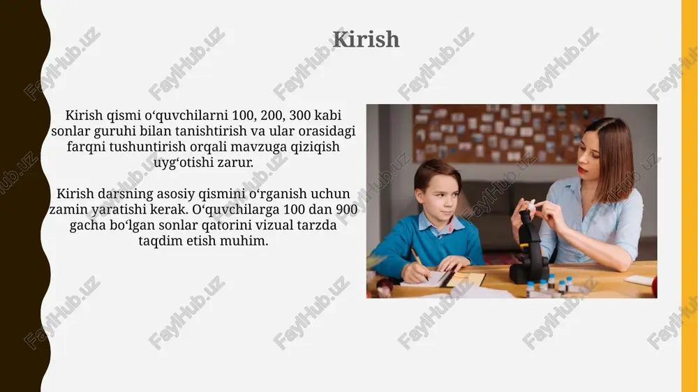 osonlashtirish uchun yorqin ranglarda aks ettirilgan. maxsus o'quv qo'llanmalaridan foydalanish, jumladan, abakus yoki yuzlar jadvali kabi taktil materiallar, o'quvchilarga yuzliklarning mohiyatini amaliy usulda anglashga yordam beradi. xulosa xulosa darsning muhim bosqichidir; o'quvchilarning 100 ichida raqamlarni tushunishini mustahkamlash uchun 3-4 ta asosiy tushunchani qayta ko'rib chiqish lozim. xulosa qismida 7-8 daqiqa davomida o'quvchilarning erishgan natijalarini umumlashtiring; 100 ichida raqamlar bilan amaliy topshiriqlar orqali tushunish darajasini baholang. e'tiboringiz uchun rahmat image2.jpg image3.jpg image4.jpg image5.jpg image6.jpg image7.jpg image8.jpg image9.jpg image10.jpg image11.jpg image12.jpg