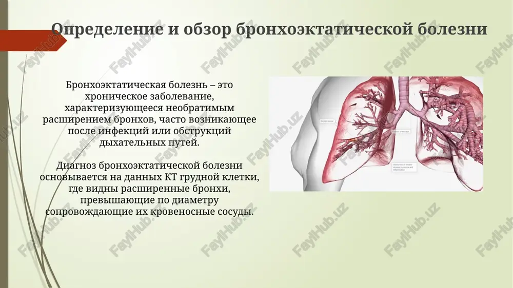 2-4 raza v den, chtobi uluchshit ochishenie dixatelnix putey pri bronxoektaticheskoy bolezni. reabilitatsiya pri bronxoektazax trebuet obucheniya effektivnoy texnike kashlya, kontroliruemogo dixaniya i uprajneniyam dlya povisheniya vinoslivosti, snijaya chastotu obostreniy. xirurgicheskoe lechenie rezektsiya legkogo, vklyuchayushaya lobektomiyu ili segmentektomiyu, pokazana pri lokalizovannoy bronxoektaticheskoy bolezni, kogda konservativnie metodi lecheniya neeffektivni, dlya uluchsheniya funktsii legkix na 10-20%. transplantatsiya legkix yavlyaetsya variantom dlya patsientov s tyajeloy, progressiruyushey bronxoektaticheskoy boleznyu, osobenno pri mukovistsidoze, obespechivaya uvelichenie ojidaemoy prodoljitelnosti jizni na 5-7 let. prognoz i oslojneniya prognoz bronxoektaticheskoy bolezni variruetsya: ot stabilnogo sostoyaniya s redkimi obostreniyami do progressiruyushego uxudsheniya legochnoy funktsii v techenie 5-10 let. chastie infektsii pri bronxoektazax mogut privesti k razvitiyu xronicheskoy dixatelnoy nedostatochnosti, trebuyushey kislorodnoy terapii i/ili neinvazivnoy ventilyatsii legkix. spasibo za vnimanie image2.jpg image3.jpg image4.jpg image5.jpg image6.jpg image7.jpg image8.jpg image9.jpg image10.jpg image11.jpg image12.jpg image13.jpg