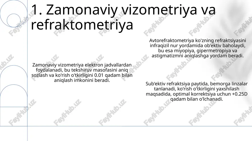 ri amplitudasini o‘lchab, konuslar va tayoqchalar ishini aniqlaydi. vizual qo'zg'aluvchi potentsiallar (vep) ko'rish nervi va miya po'stlog'idagi vizual yo'llar bo'ylab impulslarning o'tish tezligini o'lchaydi, p100 to'lqinining kechikishi ko'rish nervining shikastlanishini ko'rsatadi. elektrookulografiya (eog) ko'zning harakatlanishini ro'yxatga oladi, korneo-retinal potentsial farqidan foydalanib, nistagm kabi harakatlarni aniqlaydi va ko'zning kasalliklarini baholaydi. 7. elektrofiziologik tekshiruv usullari e'tiboringiz uchun rahmat image1.png image2.png