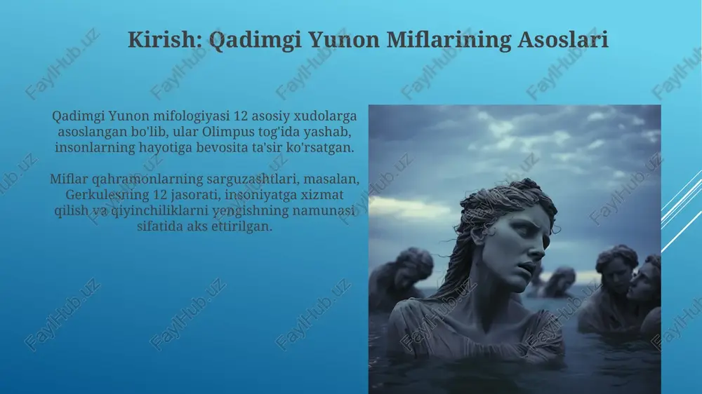 di, masalan, orestes onasining o'ldirilishi uchun 10 yil davomida ta'qib qilinadi. adolatning buzilishi xudolar tomonidan qattiq jazolanadi, niobe 14 farzandini yo'qotadi, chunki u letodan ko'ra buyukroq ekanligini da'vo qiladi. qadimgi yunon miflarining madaniy ta'siri qadimgi yunon miflari san'atga katta ta'sir ko'rsatdi, 12 olimpiya xudolarining haykallari va qahramonlarining hikoyalari asrlar davomida rassomlar uchun ilhom manbai bo'lib xizmat qilgan. yunon mifologiyasi siyosiy tafakkurga ham ta'sir o'tkazdi; masalan, demokratiya tushunchasi afina siyosiy tuzumida namoyon bo'lgan, bu esa adolat va qonun ustuvorligini targ'ib qilgan. xulosa: miflarning merosi miflar merosi, zamonaviy adabiyot va san'atga ta'sirini 2500 yildan ortiq davom ettirib, psixologik arxetiplarni aks ettiradi. qadimgi yunon miflari etik va axloqiy dilemmaslarni o'rganish uchun asos bo'lib, 12 olimpid xudolarining hikoyalari namuna bo'ladi. e'tiboringiz uchun rahmat image1.png image2.jpg image3.jpg image4.jpg image5.jpg image6.jpg image7.jpg image8.jpg image9.jpg image10.jpg image11.jpg image12.jpg image13.jpg
