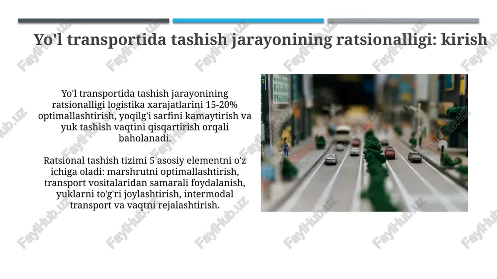 a harakatni boshqarish 15-25% samaradorlikni oshirishi mumkin. logistika zanjirlarini optimallashtirish uchun raqamli platformalardan foydalanish yuk tashish xarajatlarini 10-18% ga qisqartirishi, yoqilg'i sarfini kamaytirishi va transport vositalarining bo'sh yurishini minimallashtirishi mumkin. ratsionalizatsiya tadbirlarining samaradorligini baholash ratsionalizatsiya samaradorligini baholashda transport xarajatlarining 15% kamayishi iqtisodiy tejamkorlik ko'rsatkichini, shuningdek, logistika zanjiridagi uzilishlar sonini 8% optimallashtirishni anglatadi. mehnat unumdorligining 20% oshishi va yoqilg'i sarfini 12 litrdan 10 litrga tushirish ratsionalizatsiya tadbirlarining operatsion samaradorligini aniq baholash mezonidir. amaliy misollar va tadqiqotlar 2018-yilda o'tkazilgan tadqiqot shuni ko'rsatdiki, optimal yo'nalishlar 15% gacha yoqilg'i sarfini kamaytiradi va transport xarajatlarini sezilarli darajada optimallashtiradi. konteyner tashishdagi muvaffaqiyatli loyiha 5% ga yuk tashish tezligini oshirdi va 10% ga yetkazib berish muddatlarini qisqartirdi, logistika samaradorligini ta'minladi. xulosa va tavsiyalar transport jarayonining ratsionalligini baholashda 10% gacha xatoliklarga yo'l qo'yiladi, shuning uchun ushbu xatoliklarni minimallashtirish uchun qo'shimcha nazorat usullari qo'llash tavsiya etiladi. yo'l transportida yuk tashish samaradorligini oshirish uchun logistika xarajatlarini 15% ga kamaytirish, shu …