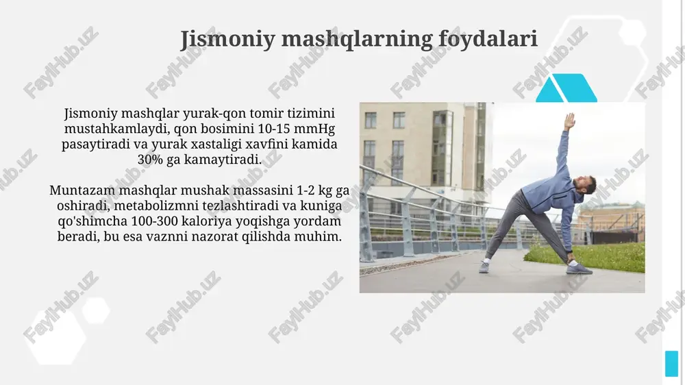 igini oshiradi va jarohatlar xavfini kamaytiradi; masalan, squatni noto'g'ri bajarish tizzalarga 3-5 barobar ko'proq yuk tushirishi mumkin. xavfsizlikni ta'minlash uchun, har bir mashqni boshlashdan oldin, 5-10 daqiqa davomida isinish mashqlarini bajarish muhim; bu mushaklarni tayyorlaydi va elastikligini oshiradi. turli yosh guruhlari uchun mashqlar kichkintoylar uchun (3-5 yosh) oddiy harakatlar muhim: 60 daqiqa faol o'yin, masalan, yugurish va sakrash, motorika va muvozanatni rivojlantiradi, ortopedik muammolarni oldini oladi. o'smirlar (13-18 yosh) haftasiga kamida 150 daqiqa o'rta intensivlikdagi aerobika mashqlarini, shuningdek, 2 kun mushaklarni mustahkamlovchi mashqlarni bajarishlari kerak. jismoniy mashqlar va ruhiy salomatlik jismoniy mashqlar serotonin, dopamin va norepinefrin kabi neyrotransmitterlar ishlab chiqarishni ko'paytiradi, bu esa kayfiyatni yaxshilashga yordam beradi va depressiya xavfini kamaytiradi. muntazam jismoniy mashqlar, masalan, haftasiga 150 daqiqa o'rtacha intensivlikdagi aerobika, stress gormoni kortizol darajasini pasaytiradi va xotirani 20% gacha yaxshilaydi. jismoniy mashqlar va surunkali kasalliklar jismoniy mashqlar qandli diabet 2-turini oldini olishda muhim rol o'ynaydi, insulin sezgirligini oshiradi va …