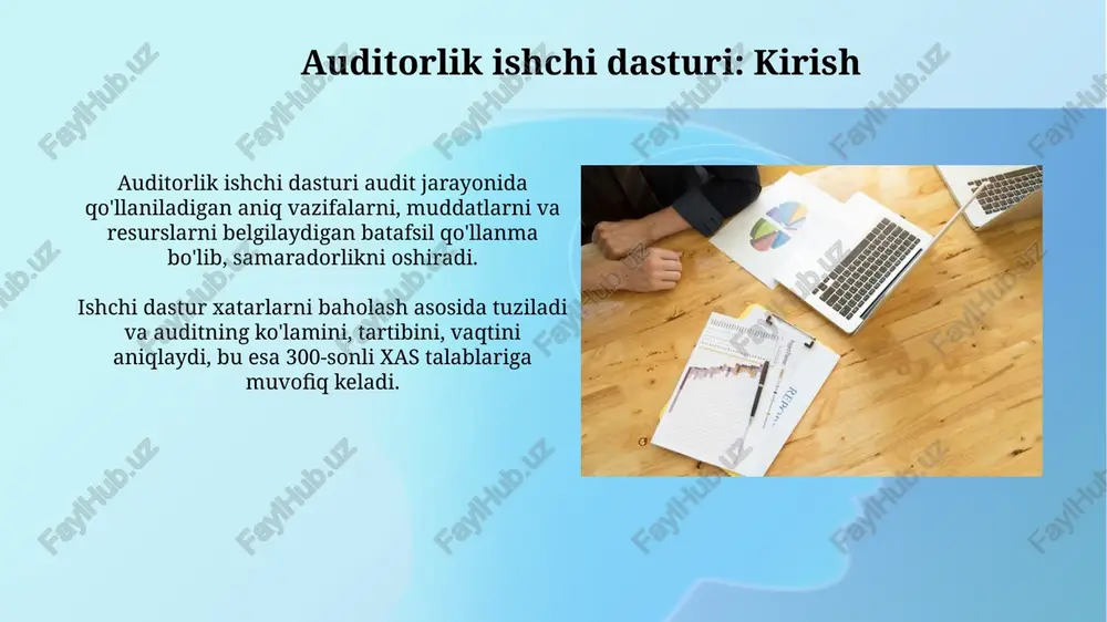 im sohalarni aniqlash muhim sohalarni aniqlashda 100% xato ehtimoli bor joylarni ko'rib chiqing, chunki bu riskni baholashda va audit hajmini aniqlashda katta rol o'ynaydi. moliyaviy hisobotdagi 5% dan ortiq o'zgarishlar yoki biznes faoliyatidagi katta o'zgarishlar muhim sohalarni aniqlashda e'tiborga olinishi kerak. maxsus audit tartib-qoidalari maxsus audit tartib-qoidalari 560-sonli standartga muvofiq, auditorlar o'zlarining professional fikrlariga asoslanib, qo'shimcha protseduralarni belgilashlari mumkin. maxsus audit tartib-qoidalariga misol sifatida inventarizatsiya jarayonida 100% tekshiruv o'tkazish, qarz oluvchilarning hisoblarini tasdiqlash uchun qo'shimcha so'rovlar jo'natish kiradi. vaqt jadvali va resurslarni boshqarish vaqt jadvali, audit topshiriqlari uchun 80 soat ajratishni talab qilishi mumkin, bunda resurslarni boshqarish auditorlarning malakasiga qarab taqsimlanadi, masalan, katta auditorga 40 soat. resurslarni boshqarish jamoaning 5 nafar a'zosini nazorat qilishni o'z ichiga oladi, ularning har biri topshiriqlarni bajarish uchun 1000 aqsh dollari qiymatidagi texnologiyaga muhtoj, samaradorlikni ta'minlash uchun doimiy monitoring talab etiladi. jamoa bilan aloqa va muvofiqlashtirish auditoriya jamoasi a'zolari o'rtasida muntazam ravishda 1-bosqichdagi dastlabki natijalarni …