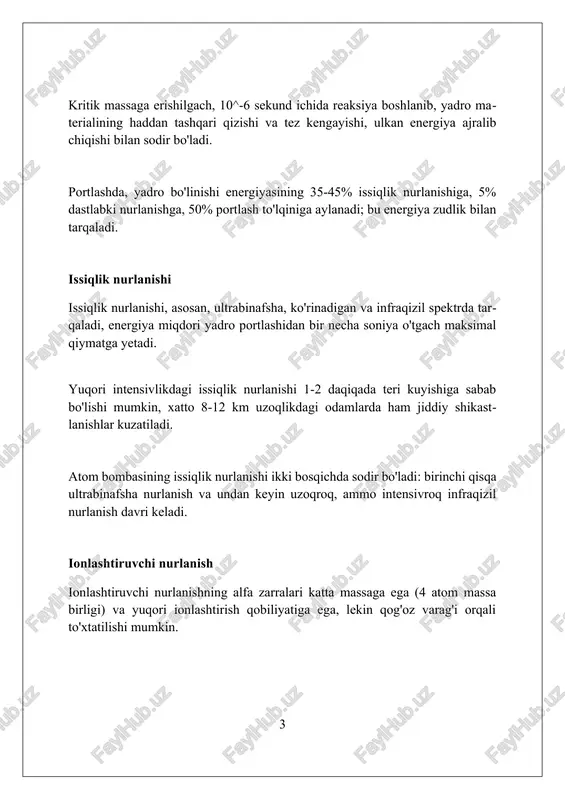 landlikka ko'tariladi. radioaktiv yog'inlar beta va gamma nurlanishini chiqaradi, bu esa ionlashtiruvchi radiatsiya ta'siriga olib keladi, bu esa hujayralarga zarar yetkazadi va uzoq muddatda saraton kasalligi xavfini oshiradi, ayniqsa 100 msv dan yuqori dozalarda. yadroviy yog'inlar zonasida radioaktivlik darajasi portlashdan keyin dastlabki 48 soat ichida eng yuqori bo'ladi, shuning uchun yashirinish va himoya choralarini ko'rish muhim, ayniqsa yod-131 va stronsiy-90 kabi izotoplar mavjud bo'lganda. atrof-muhitga ta'siri yadro portlashlari azot oksidlari (nox) hosil qiladi, ular ozon qatlamini yemiradi. stratosferada ozonning 5-10% gacha yo'qolishi uv nurlanishining oshishiga olib keladi. yadro portlashlaridan keyin yadro qishlog'i bo'lishi mumkin, bunda quyosh nurining 70% dan ortig'i kul va tutun tufayli bloklanadi. bu, o'rtacha global haroratning -8 °c ga tushishiga olib keladi. yadro portlashlarining elektromagnit impulslari (emp) elektron qurilmalarni ishdan chiqarishi mumkin, aloqa va energetika infratuzilmasiga sezilarli zarar yetkazadi, qulaylikni 50-75% ga kamaytiradi. sog'liqqa ta'siri yadro portlashlaridan keyingi ionlashtiruvchi nurlanish dnkga zarar yetkazishi mumkin, bu esa uzoq …