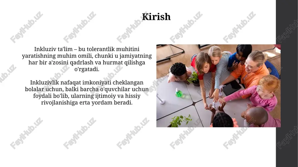 lar o'qitishini va guruh loyihalarini qo'llashlari va moslashtirishlari lozim. ota-onalarning ishtiroki ota-onalarning ishtiroki, erta aralashuv dasturlarida, 20% dan ortiq bolalarning ijtimoiy-emotsional rivojlanishini yaxshilaydi, bu esa tolerantlikni oshiradi. ota-onalarning faol ishtiroki, inklyuziv ta'limda, 30% gacha bolalarning o'quv natijalarini oshirishi mumkin, bu esa tenglikni ta'minlaydi. maktabning roli maktablar tolerantlikni shakllantirishda muhim rol o'ynaydi, erta yoshdan 1-dan 11-sinfgacha bolalarga hurmat va empatiya darslarini o'rgatadi. maktab psixologlari va pedagoglar integratsiya dasturlari orqali 85% o'quvchilarda ijobiy munosabatni rivojlantirib, kamsitish holatlarini kamaytirishga yordam beradi. jamiyatning roli jamiyat tolerantlikni targ'ib qilishda muhim rol o'ynaydi, jumladan, 1948-yildagi inson huquqlari umumiy deklaratsiyasi kabi hujjatlarni ommalashtirish orqali yosh avlodni tarbiyalash. jamiyatda ijtimoiy munosabatlar me'yorlari, shu jumladan, 51 foizdan ortiq aholi bir-biriga nisbatan hurmat va empatiyani namoyish etishi ijtimoiy barqarorlikka erishishga yordam beradi. muvaffaqiyatli inklyuziv amaliyotlar misollari italiyada "progetto autonomia" maktab dasturi o'quvchilarga individual yordam ko'rsatadi, ya'ni 85% nogiron bolalar umumiy maktablarda o'qiydi. kanadada "universal learning design" tizimi barcha o'quvchilarning ehtiyojlarini …