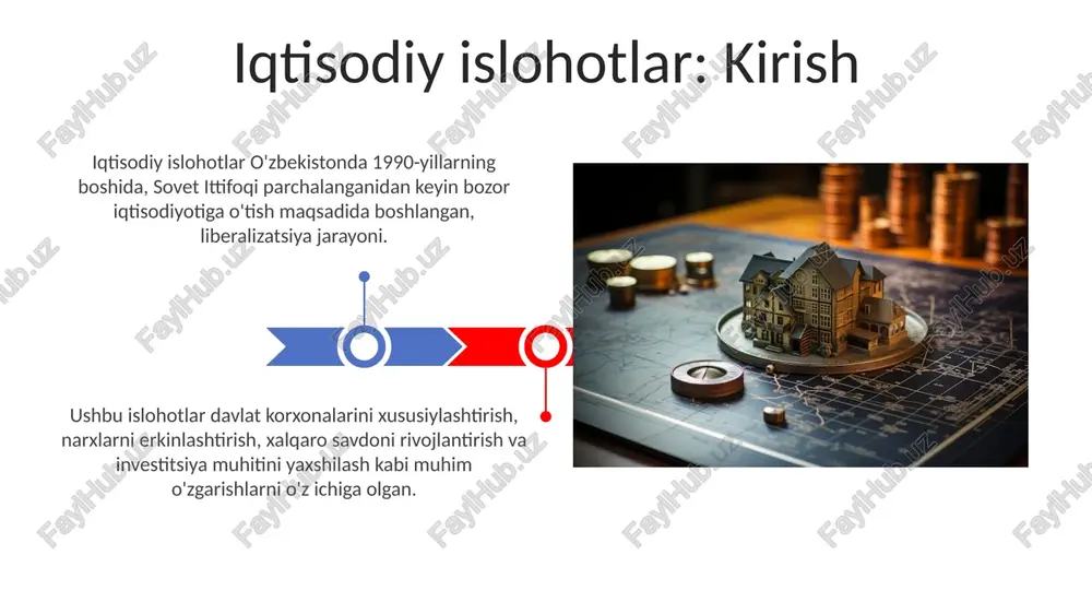 zilishdan himoya qiladi, o'zbekiston respublikasi konstitutsiyasining 53-moddasi asosida xususiy mulk daxlsizligini ta'minlaydi. arbitraj sudlari tadbirkorlik subyektlari o'rtasidagi mulkiy nizolarni hal etishda muhim rol o'ynaydi, 2016-yilgi qonun bilan tartibga solinadi. yer islohotlari va xususiy yer mulkchiligi “yer islohotlari” qishloq xo’jaligi korxonalarini qayta tashkil etish va fermer xo’jaliklarini rivojlantirish, 1990-yillarda boshlangan mulkni xususiylashtirishni o’z ichiga oladi. xususiy yer mulkchiligi shakllanishi bozor iqtisodiyotiga o’tishning muhim bosqichi bo’lib, yer resurslaridan samarali foydalanish imkonini beradi. uy-joy sohasida xususiylashtirish uy-joyni xususiylashtirish 1990-yillarda boshlangan bo'lib, fuqarolarga davlatga tegishli uylarni bepul yoki past narxlarda sotib olish imkoniyatini berdi, bu esa xususiy mulkchilikni oshirdi. bu jarayon natijasida millionlab uy-joylar xususiylashtirildi, bu esa uy-joy bozorini shakllantirishga va fuqarolarning mol-mulk huquqlarini mustahkamlashga katta ta'sir ko'rsatdi. xususiy mulkning iqtisodiy o'sishga ta'siri xususiy mulk huquqlari tadbirkorlikni rivojlantiradi, chunki ular investorlar uchun xavfsizlikni ta'minlaydi va shu bilan yangi biznes va innovatsiyalarning paydo bo'lishiga sharoit yaratadi. xususiy mulk iqtisodiy o'sishni rag'batlantiradi, chunki u resurslarni samarali …