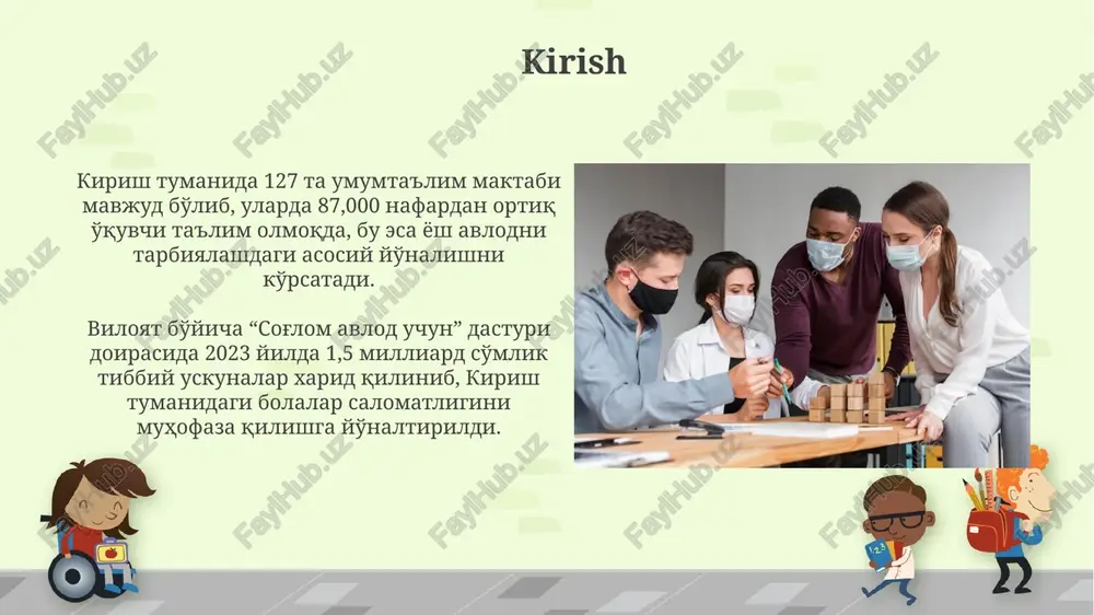 shlar o‘rtasida kasalliklarni oldini olish o‘zbekistonda erta nikohning oldini olish bo‘yicha 2023-yilgi milliy harakatlar rejasi ishlab chiqilgan bo‘lib, o‘smirlarga reproduktiv salomatlik bo‘yicha ma'lumot berish ko‘zda tutilgan. respublikada 15-17 yoshdagi o‘smirlar o‘rtasida kamqonlik profilaktikasi uchun temir preparatlari bepul tarqatiladi. bu kasallikning tarqalishini 10 foizga kamaytirishga qaratilgan. psixologik yordam va maslahat xizmatlari respublika bo‘ylab faoliyat yurituvchi 100 dan ortiq psixologik markazlar yoshlarga bepul maslahat va psixologik yordam ko‘rsatadi, bu ularning ruhiy salomatligini mustahkamlashga qaratilgan. yoshlar o‘rtasida depressiya holatlarini kamaytirish maqsadida, 25 yoshgacha bo‘lgan shaxslar uchun maxsus psixologik dasturlar va treninglar muntazam ravishda tashkil etiladi. ekologik ta’lim va atrof-muhit muhofazasi davlatimizda “obod qishloq” va “obod mahalla” dasturlari orqali ekologik holatni yaxshilash, chiqindilarni kamaytirish va yosh avlodni bu jarayonga jalb qilish bo’yicha keng ko’lamli ishlar amalga oshirilmoqda. respublikamizda ekologiya sohasida 20 dan ortiq qonun hujjatlari qabul qilingan boʻlib, ularda yoshlarning ekologik huquqlari va atrof-muhitni muhofaza qilishda ularning ishtiroki aniq belgilab qoʻyilgan. yoshlarning huquqlarini himoya …