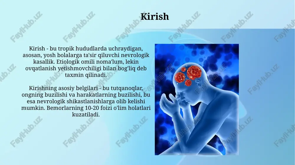 si ishtirok etsa, zaiflik va hissizlik paydo bo'lishi mumkin. birlamchi amebik meningoensefalit (pam) pam odatda issiq, turg'un suv havzalarida yashovchi *naegleria fowleri* amebasining burun orqali miyaga kirishi natijasida kelib chiqadi. pam simptomlari odatda ameba ta'siridan so'ng 1 kundan 12 kungacha rivojlanadi va bosh og'rig'i, isitma, bo'yin qotishi va hushu yo'qotishni o'z ichiga oladi. neyroparazitar kasalliklarning diagnostikasi neyroparazitar kasalliklarni tashxislashda 1) qon testlari orqali parazit antitanachalarini aniqlash, 2) mri yoki kt skanerlash orqali miyadagi o'zgarishlarni ko'rish muhim. ko'pgina neyroparazitar kasalliklar uchun lp (lomber punksiya) orqali olingan orqa miya suyuqligida parazit dnksini yoki antijenlarini aniqlash diagnostika uchun erta bosqichda katta ahamiyatga ega. davolash va profilaktika davolashda antiparazitar dorilar, masalan, albendazol 400 mg sutkada ikki marta 8-30 kun davomida parazitni yo'q qilishga qaratilgan. qo'shimcha ravishda, simptomatik davo qo'llaniladi. profilaktika choralariga shaxsiy gigiena qoidalariga rioya qilish, xususan ovqatdan oldin qo'llarni yuvish va go'sht mahsulotlarini kamida 70 daraja haroratda pishirish kiradi. e'tiboringiz uchun rahmat image3.jpg …