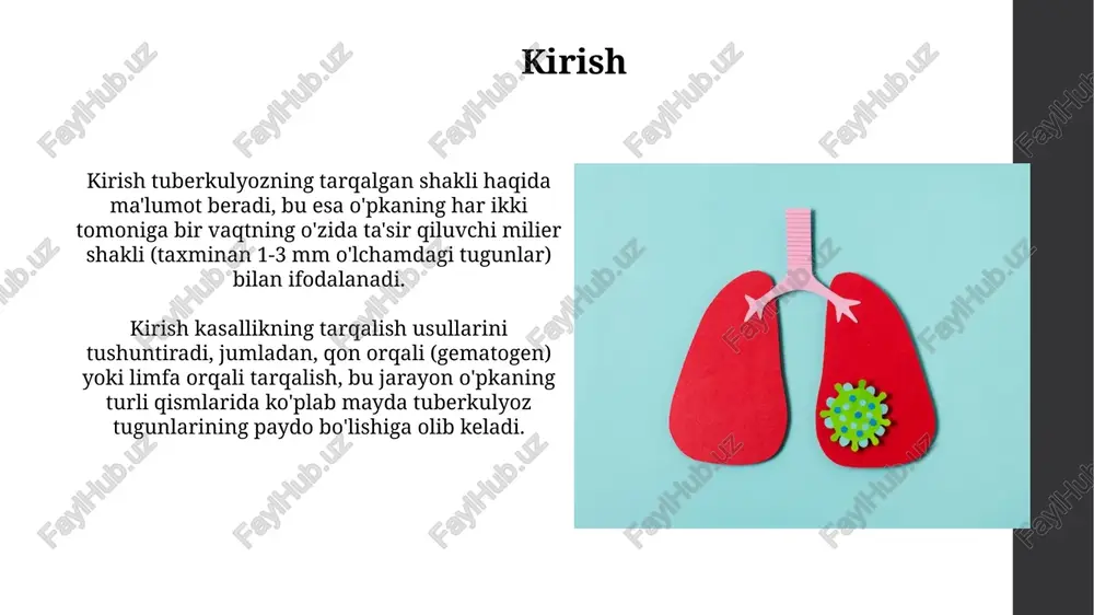 asidan namunalar olishga imkon beradi, bu esa ekssudatni aniqlashga va tbni tasdiqlashga yordam beradi. differensial diagnostika tarqalgan o'pka tuberkulyozi differentsial diagnostikasi pnevmoniyani istisno qilishni talab qiladi, bunda tez boshlanish va antibiotiklarga javob berish kabi xususiyatlar mavjud, lekin tuberkulyozda bular kuzatilmaydi. o'pkaning tarqalgan tuberkulyozi differentsial diagnostikasida zamburug'li infektsiyalarni, masalan, gistoplazmozni istisno qilish muhim, chunki ular rentgenogrammada miliary naqshni ko'rsatishi mumkin, tuberkulyoz esa infiltratlar hosil qiladi. asoratlar asoratlar o'pka tuberkulyozining tarqalishi tufayli kelib chiqishi mumkin, masalan, plevrit, empiema va bronko-pnevmoniya, bu esa nafas yetishmovchiligiga olib kelishi mumkin. ba'zi asoratlar o'z ichiga milier tuberkulyozni ham oladi, bunda kichik, tarqalgan tugunchalar o'pkada paydo bo'ladi va 1-3 mm o'lchamdagi, gematogen tarqalishga sabab bo'ladi. davolash davolash odatda 6-9 oy davom etadi va rifampitsin, izoniazid, pirazinamid va etambutolni o'z ichiga olgan 4 ta asosiy dori kombinatsiyasini o'z ichiga oladi. davolashning dastlabki 2 oyida to'rtta dori qabul qilinadi, so'ngra keyingi 4-7 oyda rifampitsin va izoniazid bilan davolash davom …