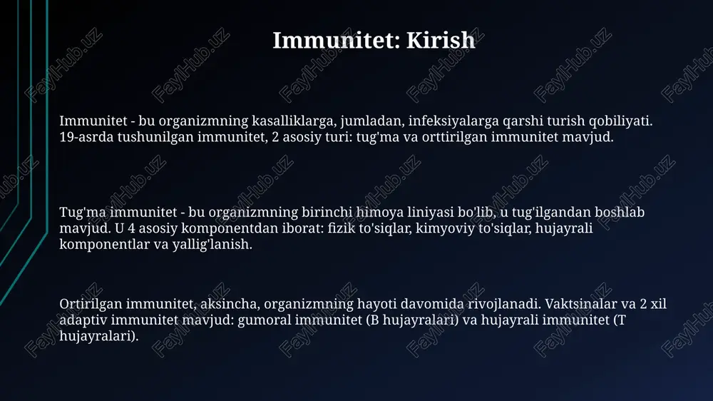 bir turi, yangi tug'ilgan chaqaloqning immuniteti, onadan platsenta orqali o'tadigan igg antitelalari bilan ta'minlanadi, bu esa chaqaloqni dastlabki 6 oygacha himoya qiladi. gumonar immunitet gumonar immunitet infeksiyalarga qarshi kurashda katta rol o'ynaydi, ayniqsa, hujayradan tashqari patogenlarga, masalan, bakteriyalar va viruslarga qarshi, ularni 7-14 kun ichida bartaraf etadi. gumonar immunitet b limfotsitlar tomonidan ishlab chiqarilgan antitelalarga bog'liq. bu antitelalar 10^12 xil xilma-xillikka ega bo'lib, antigenlarni zararsizlantirish va yo'q qilish uchun ishlatiladi. gumonar immunitetning asosiy komponentlari igm, igg, iga, ige va igd antitelalari bo'lib, ular turli xil immun javoblarini qo'llab-quvvatlaydi va 5 xil funksiyani bajaradi. hujayrali immunitet hujayrali immunitet t-limfotsitlar orqali amalga oshiriladi, ularning 2 turi bor: cd8+ sitotoksik t hujayralari va cd4+ yordamchi t hujayralari, antigenlarni yo'q qilishda muhim rol o'ynaydi. ushbu immunitet turida, viruslar bilan zararlangan hujayralar yoki o'smalar hujayralari sitotoksik t-limfotsitlar tomonidan bevosita o'ldiriladi, bu esa infeksiyaning tarqalishini 90% to'xtatadi. gistomutanosiblikning asosiy kompleksi (mhc) i va ii molekulalari t-hujayralariga …
