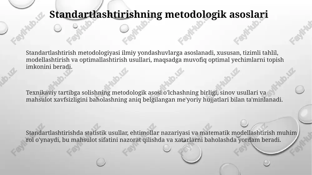 modellashtirish, standart talablarga javob beradigan mahsulotning optimal dizaynini ishlab chiqishda muhim rol o'ynaydi, xususan, 3d modellashtirish orqali vizualizatsiya va tahlil imkonini beradi. standartlashtirish jarayonida modellashtirish usullari (misol uchun, simulyatsiya) mahsulotning ishlash ko'rsatkichlarini baholash va 5-15% xatolik bilan sifatini prognoz qilishga imkon beradi. standartlashtirishning axborot ta'minoti axborot ta'minoti tizimi standartlash bo'yicha texnik qo'mitalar faoliyatini qo'llab-quvvatlaydi va 250 dan ortiq texnik reglamentlar va ularning qo'llanilishini nazorat qilish uchun ma'lumotlar bazasini taqdim etadi. standartlashtirishning axborot ta'minoti 1000 dan ortiq normativ hujjatlar, shu jumladan, o'zbekiston respublikasi standartlari, gostlar va iso standartlari haqida ma'lumotlarni o'z ichiga oladi. standartlashtirish bo'yicha axborot markazi 50 dan ortiq turli xil axborot resurslari va elektron kataloglarni, jumladan, xalqaro standartlarga onlayn kirish imkoniyatini taqdim etadi. standartlashtirishning matematik usullari standartlashtirishda matematik usullar, masalan, regressiya tahlili, 95% ishonch intervali bilan bog'liq xatoliklarni aniqlash va jarayon parametrlarini optimallashtirish uchun ishlatiladi. ehtimollar nazariyasi va statistik usullar, shu jumladan o'rtacha kvadratik chetlanish (σ) hisoblash, mahsulot sifatini …