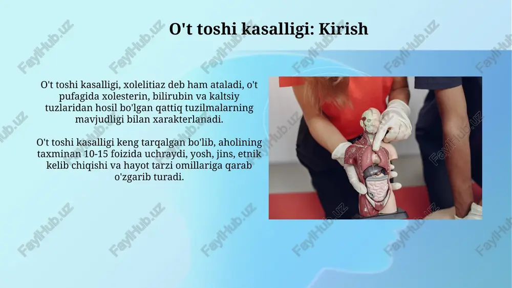 oleksistektomiya, qorin bo'shlig'ida kattaroq (5-10 sm) kesma orqali amalga oshiriladi va o't pufagi to'g'ridan-to'g'ri ko'rinish ostida olib tashlanadi. bu usul asoratlar uchun zarur. davolashdan keyingi parvarish va reabilitatsiya operatsiyadan so'ng, og'riqni kamaytirish uchun 7-10 kun davomida og'riq qoldiruvchi dorilar qabul qilish tavsiya etiladi, dozasi shifokor ko'rsatmasiga muvofiq belgilanadi. jarrohlikdan keyingi 2-3 hafta davomida yog'li, qovurilgan ovqatlardan voz kechish, kichik porsiyalarda, kuniga 5-6 marta ovqatlanish, suyuqlik iste'molini 2 litrga yetkazish muhim. profilaktika choralari xolesterin miqdorini kamaytirish uchun to'yingan yog'larni kamaytirish va tolaga boy ovqatlarni (mevalar, sabzavotlar) ko'proq iste'mol qilish, bu safro tarkibini yaxshilaydi. semizlik xavfini kamaytirish uchun asta-sekin vazn yo'qotish (haftasiga 0.5-1 kg), tez vazn yo'qotish gallstone hosil bo'lish xavfini oshiradi, doimiy jismoniy faollik muhim. e'tiboringiz uchun rahmat image3.jpg image4.jpg image5.jpg image6.jpg image7.jpg image8.jpg image9.jpg image10.jpg image11.jpg image12.jpg image13.jpg image14.jpg image1.png
