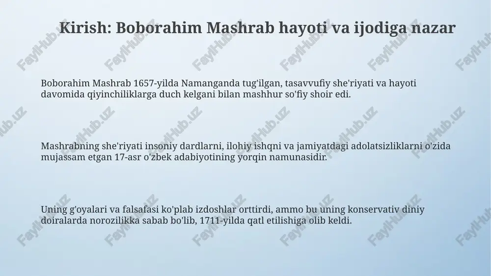 larga boy boʻlib, “may”, “soqiy”, “ishq” kabi 10 dan ortiq istilohlar orqali allohga muhabbatni ifodalashga qaratilgan, bu uning oʻziga xosligini belgilaydi. mashrab she’rlarida xalq tiliga yaqinlik, 7-8 boʻgʻinli vaznlar, ixcham va loʻnda ifodalar koʻp uchraydi, bu esa ularning ommaviyligini ta’minlagan asosiy omillardan biri bo’lgan. mashrab she'rlarida 5 dan ortiq xalq maqollari va iboralaridan foydalanish, ohangdorlikni kuchaytirish, 2-3 misrali baytlarda fikrni tugallash usuli qo‘llanilgan, bu esa unga xos stilistik xususiyatdir. mashrabning musiqiy merosi: qo'shiqlar va ohanglar mashrabning 17-asrda yaratilgan ko'plab qo'shiqlari va ohanglari xalq orasida keng tarqalgan bo'lib, ularning aksariyati og'izdan-og'izga o'tib, bizgacha yetib kelgan. uning musiqiy merosida 30 ga yaqin g'azal va dostonlar mavjud bo'lib, ular turli xalq cholg'u asboblarida ijro etilgan va uning falsafiy qarashlarini aks ettirgan. mashrabning o'ziga xos 12 dan ortiq maqom yo'llari uning shogirdlari orqali yoyilgan bo'lib, bu yo'llar keyinchalik o'rta osiyo musiqa madaniyatiga sezilarli ta'sir ko'rsatgan. mashrab qo'shiqlarining xalq orasida tarqalishi mashrab qo'shiqlari og'izdan-og'izga, xalq …
