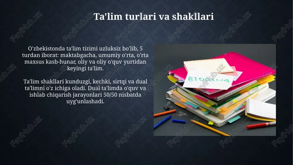 ish muddati odatda bakalavriat uchun 4 yil, magistratura uchun esa 2 yilni tashkil etadi, bu davrda talabalar nazariy va amaliy bilimlarni egallaydilar. kechki ta'lim kechki ta'lim, asosan, kunduzgi ishlaydiganlar uchun mo'ljallangan bo'lib, darslar odatda 17:00 dan keyin boshlanadi va haftada 3-4 marta o'tkaziladi. ushbu ta'lim shakli o'rta maxsus yoki oliy ma'lumotga ega bo'lish imkoniyatini beradi, unda o'qish muddati kunduzgi ta'limdan taxminan 1-2 yilga ko'proq bo'lishi mumkin. sirtqi ta'lim sirtqi ta'limda talabalar o'quv materiallarini mustaqil o'rganadilar va o'qituvchilar bilan 1-2 semestr davomida qisqa muddatli sessiyalarda uchrashadilar, bunda nazariy bilimlar 20-30% ni tashkil etadi. sirtqi ta'lim shakli ko'proq ishlaydiganlar uchun mos keladi, chunki u ta'limni ish bilan uyg'unlashtirish imkonini beradi va 50-60% hollarda amaliy mashg'ulotlar mustaqil ravishda bajariladi. masofaviy ta'lim masofaviy ta'lim o'zbekistonda 20-asr oxirida, internet rivojlanishi bilan paydo bo'ldi, dastlabki bosqichda asosan xorijiy universitetlar bilan hamkorlikda amalga oshirildi. o'zbekistonda masofaviy ta'limda "moodle" kabi platformalar keng qo'llaniladi, bu talabalarga 24/7 rejimda o'quv …