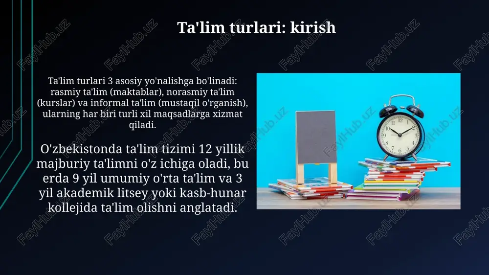 amrab olib, bilim olishdagi faolligini oshiradi. bu jarayonda adabiyotlar bilan ishlash, referatlar tayyorlash kabi vazifalar muhim. mustaqil ta'limda talaba 100 dan ortiq mavzuni o'zlashtirishi mumkin. bunda pedagogik texnologiyalar, interaktiv usullar va 2.0 texnologiyalari yordam beradi. dars - ta'limni tashkil etishning asosiy shakli dars, ta'lim jarayonining asosiy shakli sifatida, 45 daqiqalik vaqt oralig'ida o'qituvchi rahbarligida o'quvchilarning bilim olishini tashkil etadi. an'anaviy darslar 5 bosqichdan iborat: tashkiliy qism, uy vazifasini tekshirish, yangi mavzuni tushuntirish, mustahkamlash va yakuniy baholash. darsning tuzilishi va elementlari darsning tuzilishi odatda uch qismdan iborat: kirish (5-10 daqiqa), asosiy qism (25-30 daqiqa) va yakuniy qism (5-10 daqiqa), har bir qism o'ziga xos vazifalarni bajaradi. dars elementlariga o'qituvchining tushuntirishi, o'quvchilarning faoliyati (misollar ishlash, savollarga javob berish), va baholash (og'zaki, yozma) kiradi, ularning nisbati dars maqsadiga bog'liq. dars turlari integratsiyalashgan darslar ikki yoki undan ortiq fanlarni birlashtirib, 45-90 daqiqa davom etishi mumkin, o'quvchilarning bilimlarini chuqurlashtirishga yordam beradi. binar darslar ikki o'qituvchi …