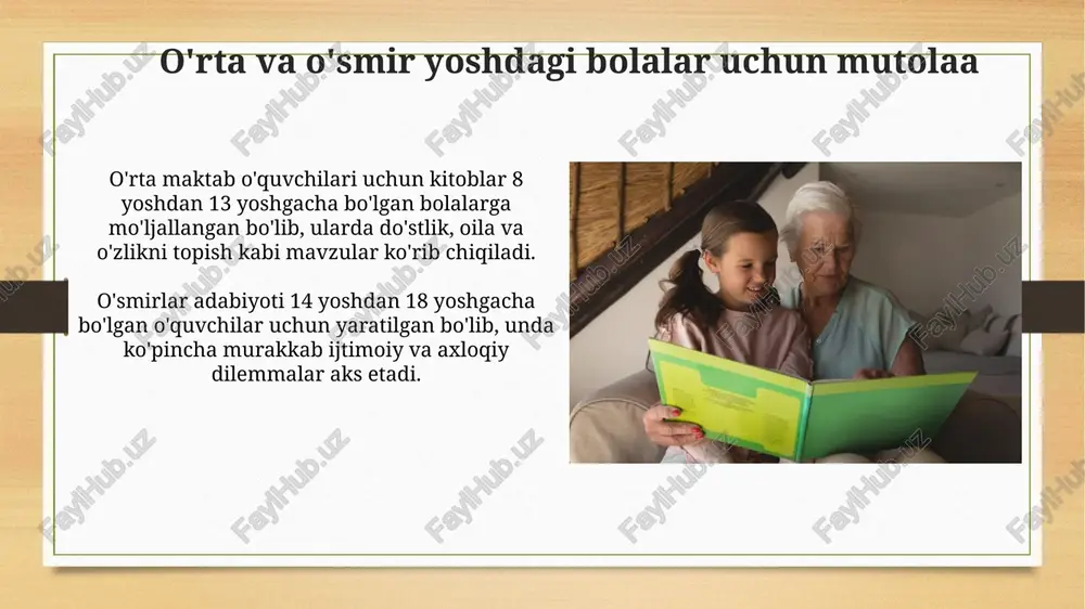 lash qobiliyatlarini rivojlantirishga yordam beradi. tadbirlar, masalan, "muallif bilan uchrashuvlar", yosh kitobxonlarga o'z sevimli mualliflari bilan shaxsan muloqot qilish imkoniyatini beradi, bu motivatsiyani oshiradi. resurslar va veb-saytlar "common sense media" veb-sayti ota-onalar va o'qituvchilarga 10000 dan ortiq kitoblar, filmlar va o'yinlarga oid yoshga mos baholashlar va sharhlar bilan ta'minlaydi. "alsc (association for library service to children)" veb-saytida "notable children's books" ro'yxati kabi 3-14 yoshli bolalar uchun turli xil kitob resurslari va tavsiyalari mavjud. o'qish bilan bog'liq muammolar o'qish qobiliyatining pastligi ko'pincha 10-14 yoshdagi bolalarda uchraydi, bu esa so'z boyligining kamligi va fonologik xotira bilan bog'liq muammolar natijasida yuzaga keladi. disleksiya, taxminan 5-10% o'smirlarga ta'sir qiluvchi neyrologik holat bo'lib, harflarni aniqlashda qiyinchiliklar va 16 yoshgacha bo'lgan o'quvchilarning tushunish darajasiga ta'sir qiladi. disleksiya va yordam disleksiya bilan og'rigan bolalarga ko'pincha 1-2-sinflarda, ularning fonologik anglash qobiliyatini baholash orqali tashxis qo'yiladi, bu esa o'qish tezligini oshirishga yordam beradi. o'qish va yozishdagi qiyinchiliklarni bartaraf etish …
