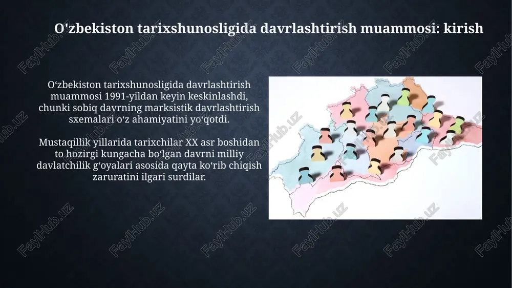 yilliklarini (1970-1991) turg'unlik va tanazzul davri deb atasa, boshqalari modernizatsiya va rivojlanish davri sifatida ta'kidlaydi. davrlashtirishning metodologik muammolari davrlashtirishda 1991-yil mustaqillikka erishilgandan so'ng, sovet davri tarixini qayta baholash zarurati metodologik o'zgarishlarni talab etdi. ijtimoiy-iqtisodiy rivojlanishning o'ziga xos xususiyatlarini hisobga olgan holda, davrlashtirishda markaziy osiyo mintaqasining rolini 20-21 asrlarda aniqlash muhim. regional xususiyatlar va davrlashtirishdagi farqlar qoraqalpog'istonning xx asr davrlashtirishida ekologik omillar (orol fojiasi) ta'siri 1960-yillardan so'ng sezilarli bo'lib, ijtimoiy-iqtisodiy rivojlanish bosqichlarini keskin o'zgartirdi. farg'ona vodiysida davrlashtirishdagi farqlar, 1990-yillarda millatlararo ziddiyatlar tufayli siyosiy beqarorlikning kuchayishi bilan bog'liq. bu davrda iqtisodiy o'sish sur'atlari sezilarli darajada pasaydi. global kontekst va o'zbekiston tarixini davrlashtirish xx asrda mustamlakachilikning tugashi va sovuq urushning yakuni o'zbekiston tarixini davrlashtirishda muhim o'zgarishlarga sabab bo'ldi, milliy davlatchilikning shakllanish jarayonini tezlashtirdi. global moliyaviy inqirozlar, masalan, 2008-yildagi inqiroz, o'zbekiston iqtisodiy rivojlanish sur'atiga ta'sir ko'rsatdi va yangi davrlashtirish mezonlarini ishlab chiqish zarurligini ko'rsatdi. tarixiy manbalar va ularning davrlashtirishga ta'siri sovet davri manbalari, 1920-1991 …