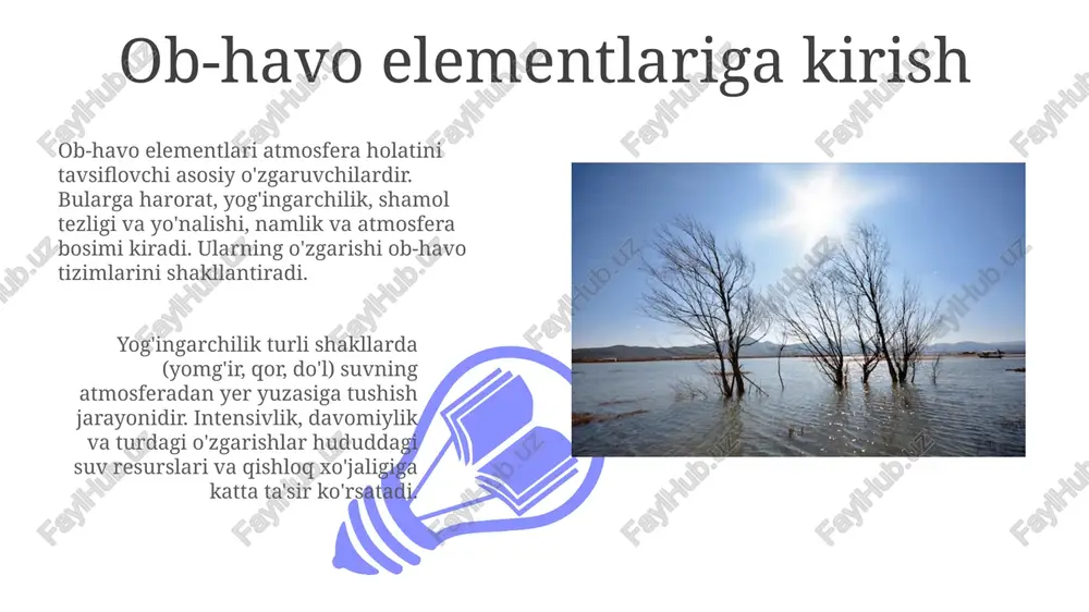 tining 0.5 °c dan pastga tushishi kuzatiladi, bu esa qurg'oqchilik xavfini oshiradi. mavsumiy o'zgarishlar va ularning sabablari yerning quyosh atrofida 23.5 gradusga og'ish burchagi bilan harakatlanishi sababli, bir yarim sharda yoz bo'lganda, boshqa yarim sharda qish bo'ladi. okean oqimlari, masalan, issiq golf oqimi, qirg'oqbo'yi hududlarining haroratini o'rtacha 5-10 daraja selsiyga ko'tarib, mavsumiy o'zgarishlarga ta'sir qiladi. iqlim o'zgarishi va ob-havoga ta'siri iqlim o'zgarishi o'rtacha global haroratni 1,5 dan 2 gradusgacha oshirib, ekstremal ob-havo hodisalarining, masalan, issiq to'lqinlari va qurg'oqchilikning chastotasini oshiradi. global isish arktika muzliklarining tez sur'atlar bilan erishiga olib keladi, bu esa dengiz sathining ko'tarilishiga va qirg'oqbo'yi hududlariga xavf tug'diradi, bu 2100 yilga kelib sezilarli darajada ko'tarilishi mumkin. pretsipitatsiyaning o'zgaruvchanligi: qurg'oqchilik va suv toshqinlari 01 02 qurg'oqchilikning davomiyligi va intensivligi o'zgarishi tuproq namligining kamayishiga olib keladi, bu esa qishloq xo'jaligi mahsuldorligini 30-50% ga kamaytirishi mumkin. sales 1st qtr 2nd qtr 100 0 sales 1st qtr 2nd qtr 100 0 harorat …