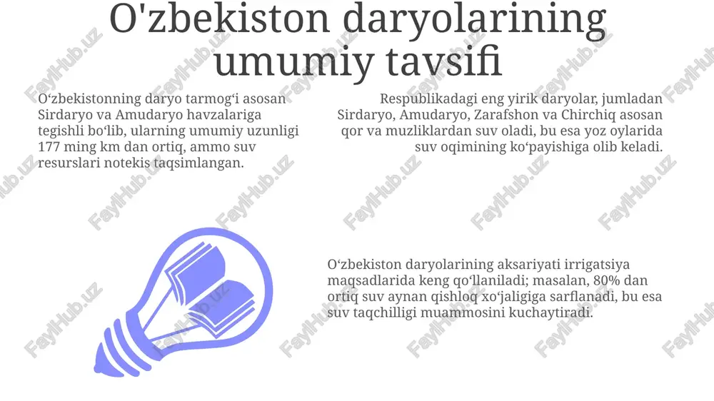 hgan dehqonchilik yerlari sug'orish uchun chirchiq suvlaridan foydalanadi, natijada toshkent viloyatida 40% dan ortiq qishloq xo'jaligi mahsulotlari yetishtiriladi. norin daryosi: sirdaryoning asosiy irmoqlaridan biri norin daryosi havzasida bir nechta yirik suv omborlari, xususan to'xtag'ul suv ombori joylashgan bo'lib, ularning umumiy sig'imi 19.5 milliard kub metrdan ortiq suvni saqlash imkonini beradi. norin daryosi 809 km uzunlikka ega bo'lib, asosan tog'li hududlardan oqib o'tadi, bu esa uning gidroenergetika salohiyatini oshiradi va qishloq xo'jaligini sug'orishda muhim rol o'ynaydi. daryo suvining asosiy qismi qor va muzliklardan hosil bo'ladi; apreldan sentabrgacha bo'lgan davrda suv sathi keskin ko'tarilib, maksimal oqim darajasi sekundiga 1500 kub metrgacha yetadi. ohangaron daryosi: qishloq xo'jaligi uchun ahamiyati ohangaron daryosi suvining 70 foizdan ortig'i sug'orishga yo'naltiriladi, bu esa uning quyi chirchiq vohasida 200 ming gektardan ortiq ekin maydonlarini ta'minlashdagi muhim rolini ko'rsatadi. daryo suvining mineral tarkibi (o'rtacha 300-500 mg/l) tuproq unumdorligini oshirishga yordam beradi, bu esa paxta va g'alla hosildorligini 15-20 foizga …