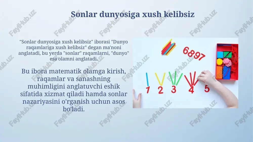 etma-ketligini aniqlaydi va matematik induksiya tamoyilini asoslaydi. sanash hayotda: kundalik misollar biz har kuni do'konlarda narxlarni solishtirib, qaysi mahsulot arzonroq ekanligini aniqlash uchun raqamlardan foydalanamiz; masalan, 5000 so'mlik va 7000 so'mlik mahsulotlar orasidan tanlash. pulni boshqarishda biz daromad va xarajatlarni hisoblab chiqamiz, bu orqali oylik byudjetni rejalashtirish va ortiqcha 200,000 so'mdan 500,000 so'mgacha tejash imkoniyatini yaratamiz. sanashning o'yinlari va boshqotirmalari «to'qqizta nuqta muammosi» da to'rtta to'g'ri chiziq bilan to'qqizta nuqtani birlashtirish kerak, bu odatda to'rtburchakning tashqarisiga chiqishni talab qiladi. «xanoy minorasi» o'yini diskalarni uchta ustun o'rtasida kichikroq disk kattaroq diskning ustida bo'lmasligi qoidasi asosida ko'chirishni o'z ichiga oladi. optimal yechim 2^n - 1 harakat. sanashning ahamiyati: statistika va ma'lumotlar tahlili statistika ma'lumotlar tahlilida muhim rol o'ynaydi, trendlarni aniqlash, o'zgaruvchanlikni o'lchash va bashorat qilish uchun 95% ishonch oralig'ida qo'llaniladi. ma'lumotlar tahlili a/b testlar orqali gipotezalarni sinash, p-qiymatlarini baholash va qaror qabul qilish uchun ishlatiladi, bu 0.05 dan kam bo'lishi kerak. sanashning …