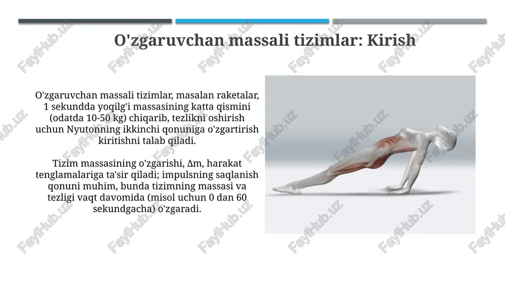 da ajralishi: zanjir masalasi zanjir masalasida, uzunligi *l* va massasi *m* bo'lgan zanjir stol ustidan tushayotganda, harakat tenglamasi o'zgaruvchan massali tizim qonuniyatlariga asoslanadi, zanjir segmenti massasi ortadi. zanjirning harakatini tahlil qilishda, stolga ta'sir etuvchi kuch *f* zanjirning og'irligi *mg* va harakatlanayotgan qismining impuls o'zgarishi *dp/dt* yig'indisiga teng bo'ladi, bu muhim dinamik effektdir. o'zgaruvchan massali tizimlarning energiyasi o'zgaruvchan massali tizimning kinetik energiyasi 0.5 * m(t) * v(t)^2 formulasi orqali ifodalanadi, bu yerda m(t) - vaqtga bog'liq massa, v(t) esa tezlikdir. tizim massasi o'zgarishi sababli, tashqi kuchlar bo'lmasa ham, energiya o'zgarishi kuzatiladi, bu esa konservativlik qonunining buzilishiga olib kelishi mumkin. o'zgaruvchan massali tizimlarning ilovalari raketa harakati, massa o'zgarishi (yoqilg'i sarfi) tufayli tezlikni oshiradi; tsiolkovskiyning raketa tenglamasi buni 100% samaradorlikda taxminan hisoblaydi. konveyer belbog'laridan materiallarni tushirish va yuklash dinamikasini tahlil qilish, massa o'zgarishi bilan bog'liq 2d harakatni 10 m/s tezlikda baholash. xulosa va keyingi tadqiqotlar o'zgaruvchan massali tizimlarning dinamikasi bo'yicha olingan natijalar raketalar …