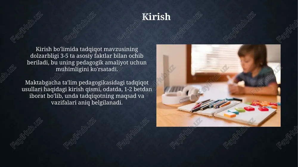 umotlarni yig'ish va tahlil qilish kuzatuv usuli erta yoshdagi bolalarning xatti-harakatlarini baholashda muhim rol o'ynaydi, bunda strukturaviy protokollar yordamida 15-30 daqiqa davomida aniq ma'lumotlar to'planadi. intervyular ota-onalar va o'qituvchilarning nuqtai nazarini o'rganishga yordam beradi, bunda 5-10 ta ochiq savollar bilan sifatli ma'lumotlar to'plash imkonini beradi. tadqiqot etikasi tadqiqot etikasi bolalarning roziligi, 4 yoshdan kichik bolalardan ota-onalarning roziligi talab etilishini, maxfiylikni saqlash va tadqiqot maqsadlarini tushuntirishni o'z ichiga oladi. bolalarga nisbatan tadqiqotda, ayniqsa 3-5 yoshdagilar uchun, zarar keltirmaslik muhim. kuzatuvlar xolis bo'lishi, bolalarni manipulyatsiya qilmaslik, majburlamaslik kerak. xulosa xulosa tadqiqotning muhim bosqichi boʻlib, unda 3-5 asosiy natijalar va 2-3 amaliy tavsiyalar beriladi, tadqiqot savoliga javob beriladi. xulosada olingan 7-10 faktik maʼlumotlar asosida 2 xil fikr bayon etiladi hamda kelajakdagi 4 ta tadqiqot yoʻnalishlari boʻyicha takliflar beriladi. e'tiboringiz uchun rahmat image3.jpg image4.jpg image5.jpg image6.jpg image7.jpg image8.jpg image9.jpg image10.jpg image11.jpg image12.jpg image13.jpg image14.jpg image15.jpg