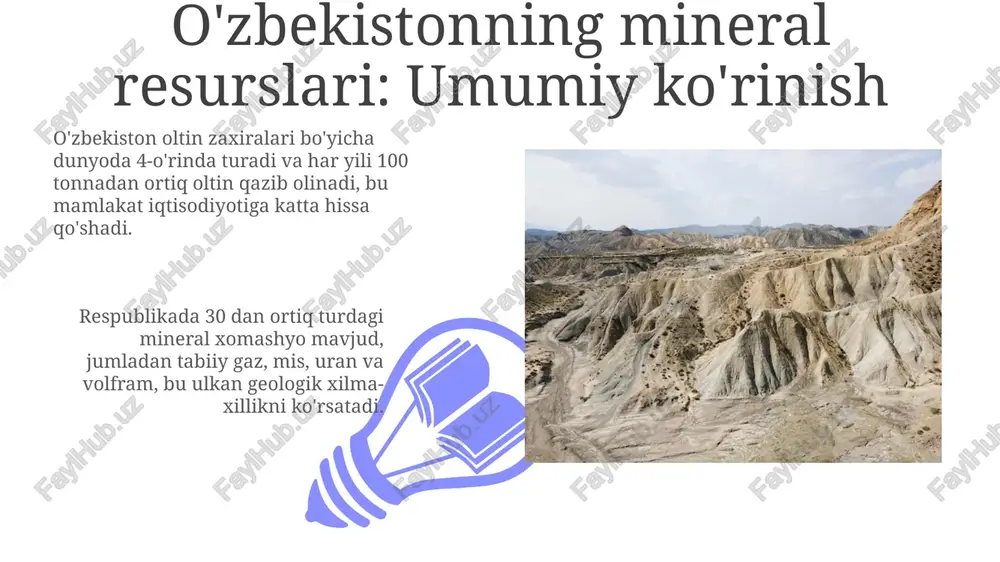 ux mavjud, ba'zan kumush ham uchraydi. oʻzbekistonda qoʻrgʻoshin-rux konlarining eng yirik zaxiralari olmoskon, handiza va uchkuloch konlarida joylashgan, ularning umumiy zaxiralari millionlab tonnani tashkil etadi. toshko'mir va qo'ng'ir ko'mir zaxiralari oʻzbekistonda toshkoʻmirning umumiy geologik zaxiralari 1,8 milliard tonnadan oshadi, asosan angren konida joylashgan, bu respublikaning energetika ta'minotida muhim rol oʻynaydi. qoʻngʻir koʻmir zaxiralari 100 million tonnadan ortiq baholanadi va asosan surxondaryo viloyatida topilgan. ulardan mahalliy yoqilg'i sifatida foydalanish imkoniyatlari mavjud. kaliy tuzlari va ulardan foydalanish 01 02 oʻzbekistonda kaliy tuzlari asosan tyubegatan konida joylashgan boʻlib, ularning xomashyosi 25-30% kaliy xlorid (kcl)ga ega boʻlgan silvinit va karnallit minerallaridan iborat. sales 1st qtr 2nd qtr 100 0 sales 1st qtr 2nd qtr 100 0 fosforitlar: zaxiralar va o'g'itlar ishlab chiqarish qizilqum fosforit havzasi umumiy zaxiralari 2 milliard tonnadan ortiq baholanadi, bu o'zbekistonning fosforli o'g'itlarga bo'lgan ehtiyojini qondirish uchun muhim resurs hisoblanadi. ammofos ishlab chiqarish hajmi 600 ming tonnaga yetadi, bu mahalliy qishloq …