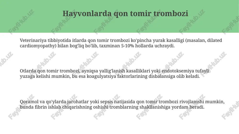 umkin, antibiotiklar va antikoagulyantlar bilan davolash talab etiladi. davolash usullari antikoagulyantlar, masalan, geparin yoki varfarin, qon ivishini oldini oladi, mavjud tromblarning o'sishini sekinlashtiradi va yangilarining shakllanish xavfini kamaytiradi, dozani veterinariya shifokori belgilaydi. trombolitik davo, streptokinaz kabi dorilar bilan, qon tomirlarida hosil bo'lgan tromblarni eritishga qaratilgan, lekin qon ketish xavfi tufayli har bir hayvon uchun ehtiyotkorlik bilan qo'llaniladi. xirurgik aralashuv, tomirlarni tozalash (trombektomiya) yoki aylanma yo'lni yaratish, qon oqimini tiklash uchun zarur bo'lishi mumkin, ayniqsa, hayot uchun xavfli holatlarda o'tkaziladi. prognoz prognoz koagulyatsion kasalliklar, masalan, itlarda keng tarqalgan von willebrand kasalligi yoki antikoagulyant zaharlanishi bilan bog'liq trombembolik xavfni baholashda yordam beradi, bu esa qon ivishida anormalliklarni keltirib chiqaradi. prognoz - bu gemostaz tizimini baholash uchun veterinariya laboratoriyalarida qo'llaniladigan kompleks test bo'lib, unda protrombin vaqtini (pt) va aktivlangan qisman tromboplastin vaqtini (aptt) o'lchash kiradi. prognoz natijalari d-dimer darajasini, shuningdek, anamnez va klinik belgilari bilan birga talqin qilinadi, bu veterinariya shifokoriga tromboz xavfini …