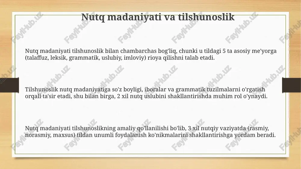 adaniyati va etika» falsafa bilan bog'liq, ayniqsa axloq (odob) kategoriyalari orqali, bunda nutqning 5 asosiy etik tamoyili (masalan, halollik, hurmat) muhim rol o'ynaydi. nutq madaniyati va notiqlik san'ati notiqlik sanʼati nutq madaniyatining yuqori darajasi boʻlib, unda notiq auditoriyaga taʼsir oʻtkazish uchun tilning barcha vositalaridan, shu jumladan, 3 asosiy uslubdan (bayon, tasvir, muhokama) foydalanadi. nutq madaniyati notiqlik san'ati bilan chambarchas bogʻliq, nutq madaniyati notiqlik sanʼatining nazariy asosini, notiqlik sanʼati esa uning amaliy ifodasini taʼminlaydi. nutq madaniyati va notiqlik san'ati o'zaro munosabatlarida 5 ta asosiy element (notiq, tinglovchi, nutq, vaziyat, aloqa) orqali namoyon bo'ladi va ular bir-birini to'ldirib, yanada samarali nutq jarayonini yaratadi. nutq madaniyati va jurnalistika jurnalistika matnlari nutq madaniyatining yuqori darajasini talab etadi; xatoliklar auditoriyaning ishonchini yo'qotadi, professionalizm darajasini 0 ga tushirishi mumkin. nutq madaniyati jurnalistika janrlarida (reportaj, intervyu, maqola) muvaffaqiyat kalitidir; to‘g‘ri so‘z tanlash 100 foiz aniq ma'lumot beradi. jurnalistning nutq madaniyati 7 asosiy qoidaga bo'ysunadi: to'g'rilik, aniqlik, ixchamlik, …
