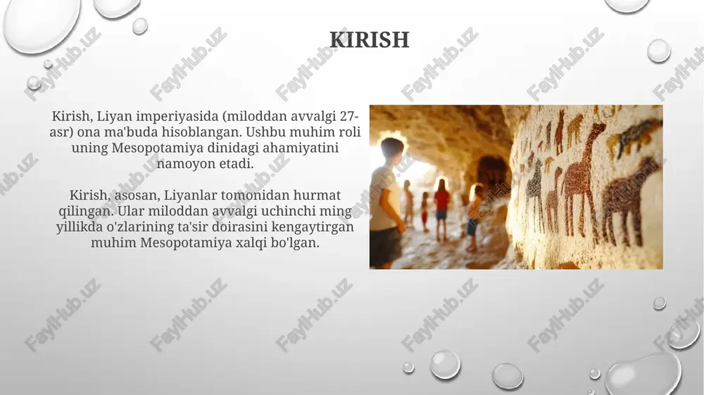 ktura mesopotamiya san’atida diniy e’tiqodlar muhim rol o’ynagan, ziguratlar, monumental ibodatxonalar, taxminan 5000 yil avval qurilgan va shahar davlatlarining qudratini aks ettirgan. gilamdo‘zlik mesopotamiya san’atida muhim ahamiyatga ega bo‘lgan, miloddan avvalgi 3-ming yillikda yaratilgan birinchi gilamlar qo‘lda to‘qilgan va naqshlar diniy va maishiy ahamiyatga ega bo’lgan. ilm-fan va texnologiya mesopotamiyaliklar miloddan avvalgi 3200-yillarda irrigatsiya tizimlari va kanallarni yaratish orqali qishloq xo‘jaligida katta yutuqlarga erishdilar, bu esa hosildorlikni oshirdi. matematikada ular 60 asosli sanoq sistemasini ishlab chiqdilar, bu vaqtni o‘lchashda (60 daqiqa, 60 soniya) va burchaklarni o‘lchashda (360 daraja) qo‘llaniladi. hayot tarzi va kundalik turmush mesopotamiyaliklar, miloddan avvalgi 3200-yildan boshlab, oilaviy hayotda patriarxal tuzumga ega bo'lib, ota oila boshlig'i va mol-mulkka egalik qilgan, farzandlar unga bo'ysungan. uy-joylar loydan qurilgan, odatda bir yoki ikki qavatli, 5-10 kishilik oilalar uchun mo'ljallangan. ichki hovli kundalik faoliyatlar uchun muhim bo'lib, xonalar atrofida joylashgan. oziq-ovqat va ichimliklar mesopotamiyaliklar arpa va bug'doydan non va pivo tayyorlashgan, pivo …