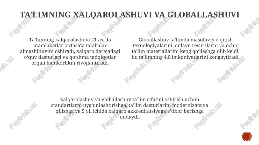 15% ta'limga ajratiladi. markazlashtirilgan tizimda markaziy hukumat o'qituvchilarning malakasini baholaydi, lekin mahalliy tizimda baholash mahalliy darajada amalga oshiriladi, shuningdek 7 ta asosiy ko'rsatkich inobatga olinadi. ta'limning sifati va natijalari natijalarni baholash turli testlar (xalqaro pisa) yoki milliy imtihonlar yordamida amalga oshiriladi. olingan natijalar ta’lim tizimining samaradorligini koʻrsatadi. taʼlimning sifati oʻquvchilarning bilim darajasini (masalan, 85%), koʻnikmalarini va oʻzlashtirish samaradorligini oʻlchash orqali aniqlanadi hamda baholanadi. samarali ta'lim o'quvchilarning jamiyatda faol ishtirok etishi (70% ishtirok) va iqtisodiy o'sishga (9% hissa) qo'shgan hissasiga bevosita ta'sir qiladi. ta'limning sifati ta’lim sifati bevosita oʻquv dasturlarining zamonaviyligi va dolzarbligi bilan bogʻliq boʻlib, ularning 21-asr koʻnikmalarini (masalan, tanqidiy fikrlash) qamrab olish darajasi muhimdir. oʻqituvchilarning malakasi taʼlim sifatini belgilovchi asosiy omil hisoblanadi, yaʼni ularning pedagogik mahorati, 2.0 texnologiyalardan foydalanishi va doimiy oʻz ustida ishlashi zarur. ta’lim sifati uchun maktab muhitining qulayligi, resurslarning yetarliligi (masalan, 1:1 kompyuter taʼminoti) va inklyuzivlik darajasi muhim ahamiyatga ega, bu 100% ta’minlanishi kerak. natijalarni baholash …