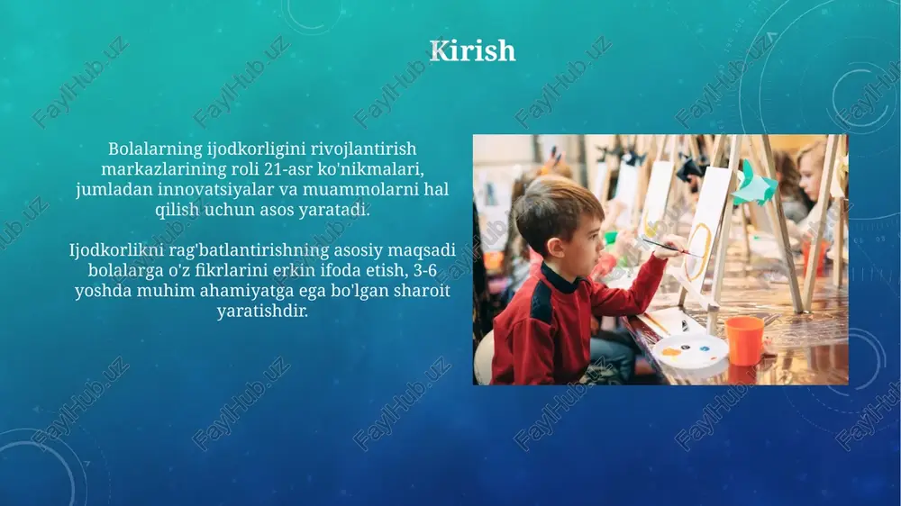 lif etadi. muammolarni hal qilish mashqlari muammolarni hal qilish mashqlari 4-5 yoshli bolalarda mantiqiy fikrlashni rivojlantiradi, ularga 2 yoki 3 ta kichik vazifalarni bajarishni o'rgatadi. ushbu mashqlar 6-7 yoshli bolalarning ijodiy qobiliyatlarini oshiradi, ularga 5 yoki undan ortiq yechimlarga ega bo'lgan muammolarni topishga yordam beradi. nutqni rivojlantirish orqali ijodkorlik bolalarning 3-5 yoshda so'z boyligini oshirish orqali ijodkorlikni rivojlantiring, masalan, hikoyalar tuzishda yangi so'zlarni faol qo'llash orqali. nutqni rivojlantirish orqali ijodkorlik, bolalarning 6-7 yoshda nutq grammatikasini mustahkamlab, fikrlarini aniq ifodalash orqali namoyon bo'ladi. ota-onalarning ishtiroki ota-onalarning faol ishtiroki bolaning ijodiy qobiliyatlarini rivojlantirishda 30-40% ga ta'sir qilishi mumkin, ayniqsa 5 yoshgacha bo'lgan davrda. ota-onalarning 15 daqiqalik har kunlik ijodiy o'yinlari farzandlarining muammolarni hal qilish ko'nikmalarini 25% ga oshirishi mumkin. muvaffaqiyatli loyihalar misollari 'robocontest' loyihasi 1000 dan ortiq bolalarni dasturlashga jalb qilib, ularning algoritmik fikrlash qobiliyatini 75% ga oshirishga yordam berdi. 'yosh texniklar' to'garagi 50 dan ziyod ixtiro yaratishga sabab bo'ldi, ularning 60% …