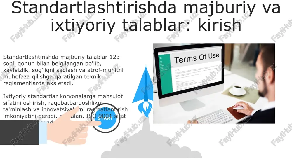 vqat sanoatida haccp (xavf tahlili va kritik nazorat nuqtalari) sertifikati ixtiyoriy bo'lishi mumkin, lekin iste'molchilar ishonchini oshirish va bozorda ustunlikka erishish uchun muhim. majburiy talablarga rioya qilishning nazorati majburiy talablarga rioya qilish nazorati davlat standartlashtirish organlari va boshqa vakolatli organlar tomonidan qonunchilik asosida amalga oshiriladi. inspeksiya jarayonida mahsulotlarning texnik reglamentlar va standartlarning majburiy talablariga mosligi baholanadi, xavfsizlik ko'rsatkichlari tekshiriladi. 06 05 04 ixtiyoriy talablarga rioya qilishning rag'batlantirilishi 01 02 ixtiyoriy talablarga rioya qilgan korxonalar uchun soliq imtiyozlari va subsidiyalar berilishi, mahsulot sifatini oshirganligi uchun rag'bat sifatida xizmat qiladi. mahsulotning yuqori sifati va xavfsizligi uchun ixtiyoriy standartlarni qo'llash, korxonalarning obro'sini oshiradi va marketing afzalliklarini yaratadi. standartlashtirishda muvofiqlikni baholash standartlashtirishda muvofiqlikni baholash mahsulot, jarayon yoki xizmatning standart talablariga javob berishini aniqlash uchun audit, tekshirish va sinov kabi baholash turlarini o'z ichiga oladi. muqofiqlikni baholash organlari, iso 17025 standarti talablariga javob beradigan laboratoriyalarda sinovlar o'tkazish, mahsulotlarni sertifikatlash va standartlarga rioya etilishini ta'minlash bilan …