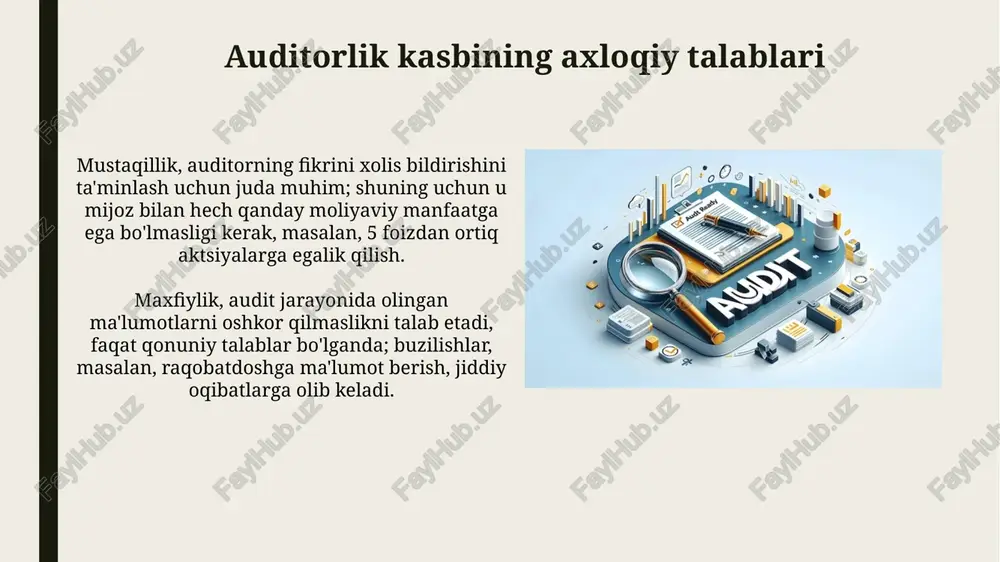 h axloqiy dilemmalar, masalan, mustaqillikni buzuvchi sovg'alar olish, qaror qabul qilishda qiyinchilik tug'diradi va hal qilishda professionalizm talab etiladi. auditorlar manfaatlar to'qnashuviga duch kelishlari mumkin, bunda 100-sonli mijozga xizmat ko'rsatish boshqa mijozlarga zarar yetkazishi mumkin, bu esa adolatli baholashni qiyinlashtiradi. axloqiy buzilishlar oqibatlari auditorlarning axloqiy buzilishlari, masalan, mustaqillikni buzish yoki sir saqlash qoidalariga rioya qilmaslik, litsenziyalarning bekor qilinishiga va kasbiy obro'ning yo'qolishiga olib kelishi mumkin. moliyaviy hisobotlardagi qasddan qilingan xatolar, buxgalteriya hisobi standartlariga rioya qilmaslik, axloqiy buzilishlardir. bunday xatolar kompaniyaning bozor kapitallashuvida sezilarli pasayishga olib kelishi mumkin. auditorlikda korrupsiyaga qarshi kurash auditorlar korrupsiyaga qarshi kurashda muhim rol o'ynaydi, firibgarlik va korruptsiyani aniqlash uchun ichki nazorat tizimlarini tekshirishda 201-sonli standartga amal qiladi. korrupsiyaga qarshi siyosatning yo'qligi yoki samarasizligi auditorlar uchun jiddiy xavf hisoblanadi, bu ularning hisobotlariga ta'sir qilishi mumkin, shuning uchun mustaqillik muhim. axloqiy qonun-qoidalar va standartlar auditorlar mustaqillikni saqlashi shart, bu esa 201-sonli axloq qoidasiga muvofiq, ularning xolisligi va betarafligiga …