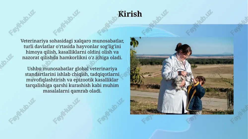 di, chunki u hayvonlar va insonlarda ularning maqsadli foydalanishini targ'ib qiladi. veterinariya qonunchiligida xalqaro uyg'unlik veterinariya qonunchiligida xalqaro uyg'unlik jahon hayvonlar salomatligi tashkiloti (woah) standartlariga muvofiq hayvonlar kasalliklari nazoratini tartibga solishda muhim rol o'ynaydi. 2000-yilgi oie veterinariya kodeksi qoidalariga asosan, veterinariya qonunchiligida xalqaro uyg'unlik kasalliklarni nazorat qilish va savdoni osonlashtirish uchun zarurdir. muammolar va istiqbollar xalqaro veterinariya tibbiyotida zoonoz kasalliklar nazoratida koordinatsiyaning yetishmasligi, sog'liqni saqlash va savdo uchun jiddiy muammo bo'lib, istiqbolda global hamkorlikni talab etadi. antibiotiklarga chidamli mikroorganizmlarning tarqalishi transchegaraviy muammo bo'lib, veterinariya preparatlarini tartibga solishda xalqaro standartlarning yetishmasligi istiqbolli yechimlarni qiyinlashtiradi. xulosa veterinariya sohasidagi xalqaro munosabatlar davlatlar o‘rtasida epizootik vaziyatni barqarorlashtirish bo‘yicha 2023-yilga mo‘ljallangan choralar majmuasini ishlab chiqishga yordam beradi. xulosa sifatida aytish mumkinki, veterinariya diplomatiyasi transchegaraviy hayvonlar kasalliklarining oldini olish va ularga qarshi kurashishda 75 foizgacha samaradorlikni oshiradi. e'tiboringiz uchun rahmat image3.jpg image4.jpg image5.jpg image6.jpg image7.jpg image8.jpg image9.jpg image10.jpg image11.jpg image12.jpg image13.jpg image14.jpg image1.png