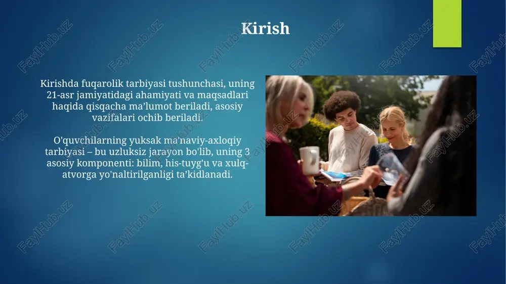 pastligi, jamiyatda qonun ustuvorligini ta'minlashga salbiy ta'sir etadi. buning yechimi huquqiy savodxonlikni oshirish uchun qo'shimcha kurslar tashkil etish. xulosa va tavsiyalar o'quvchilarni 9-sinfdan so'ng kasb-hunarga yo'naltirish bo'yicha maslahat markazlarini tashkil etish, ularning kelajakdagi hayotiy yo'llarini aniqlashga yordam beradi. milliy qadriyatlarga asoslangan axloqiy ta'lim dasturlarini ishlab chiqish va maktablarda 5-11-sinflarda bosqichma-bosqich joriy etish maqsadga muvofiq. e'tiboringiz uchun rahmat image6.png image7.jpg image8.jpg image9.jpg image10.jpg image11.jpg image12.jpg image13.jpg image14.jpg image15.jpg image16.jpg image1.png image2.png image3.png image4.png
