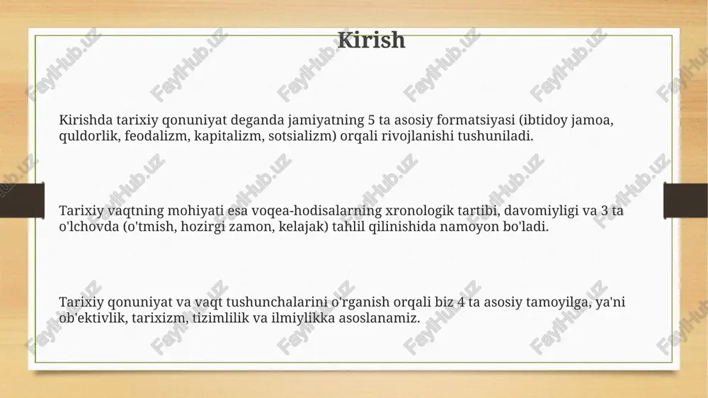 ida, vaqt to'g'ri chiziqli deb qaraldi, ilmiy inqilob va progress g'oyalari bilan bog'langan. tarixiy qonuniyatlarni o'rganish metodologiyasi sivilizatsiyalarning rivojlanish qonuniyatlarini o'rganishda ko'pincha sinxron va diaxron yondashuvlar qo'llaniladi. sinxron yondashuv davriy bo'linish orqali qonuniyatlarni ochib beradi. tarixiy qonuniyatlarni o'rganishda 1) tarixiy tahlil, 2) qiyosiy tahlil va 3) statistik tahlil usullari qo'llaniladi. ushbu 3 ta usul voqealarni chuqur anglashga yordam beradi. tarixiy jarayonlarning davriy xarakterini aniqlash uchun 10 yillik, 50 yillik va 100 yillik sikllar tahlil qilinadi. bu esa ijtimoiy-iqtisodiy o'zgarishlarning qonuniyatlarini ko'rsatadi. tarixiy vaqtni davrlashtirish muammolari davrlashtirishda ijtimoiy-iqtisodiy formatsiyalar nazariyasi 5 ta bosqichga bo'linishi tanqid ostida, chunki har bir jamiyatda 10 dan ortiq bosqich kuzatilishi mumkin. davrlashtirish mezonlari murakkab: siyosiy o'zgarishlar, madaniy yuksalishlar va texnologik inqiloblar turli xil vaqt oralig'ida sodir bo'ladi. ularni birga integratsiya qilish qiyin. yevropotsentrizm xavfi mavjud. tarixiy vaqtni davrlashtirishda g'arb sivilizatsiyasining 3 ta asosiy bosqichi (antik davr, o'rta asrlar, yangi davr) universal etib ko'rsatilishi muammo. tarixiy qonuniyat …